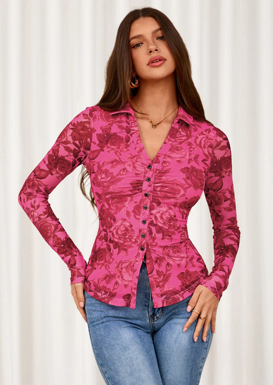 Women Button Down Floral Shirts Fall Trendy Long Sleeve V Neck Ruched Fitted Mesh Blouse Tops Date Outfits