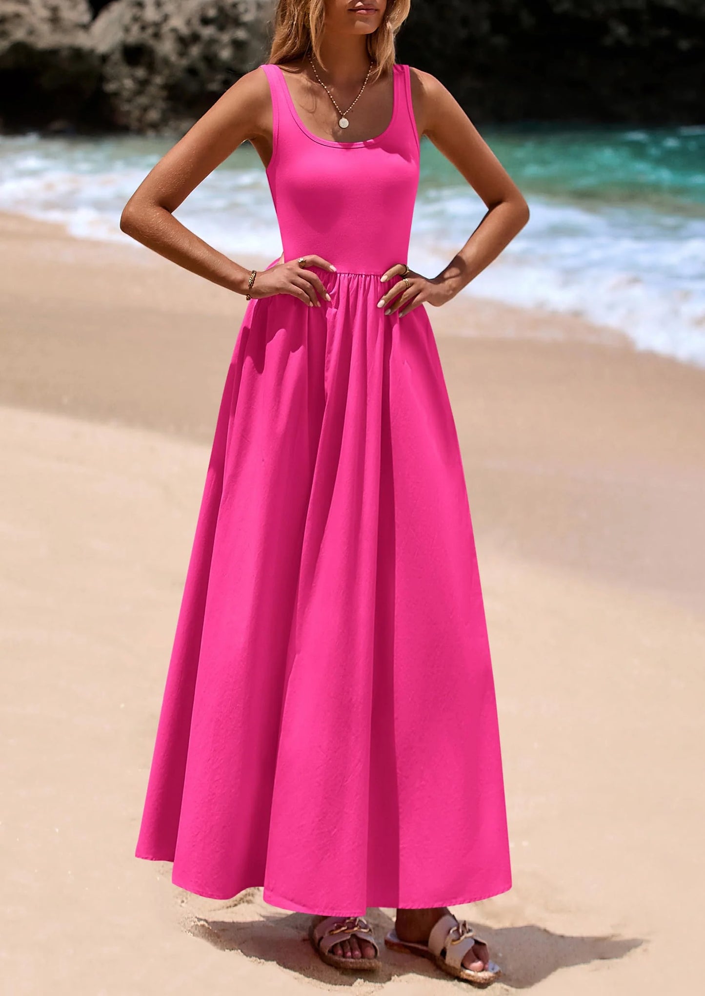 Womens Summer Casual Scoop Neck Sleeveless Long Dresses Tank Top Patchwork Aline Swing Maxi Dress with Pockets