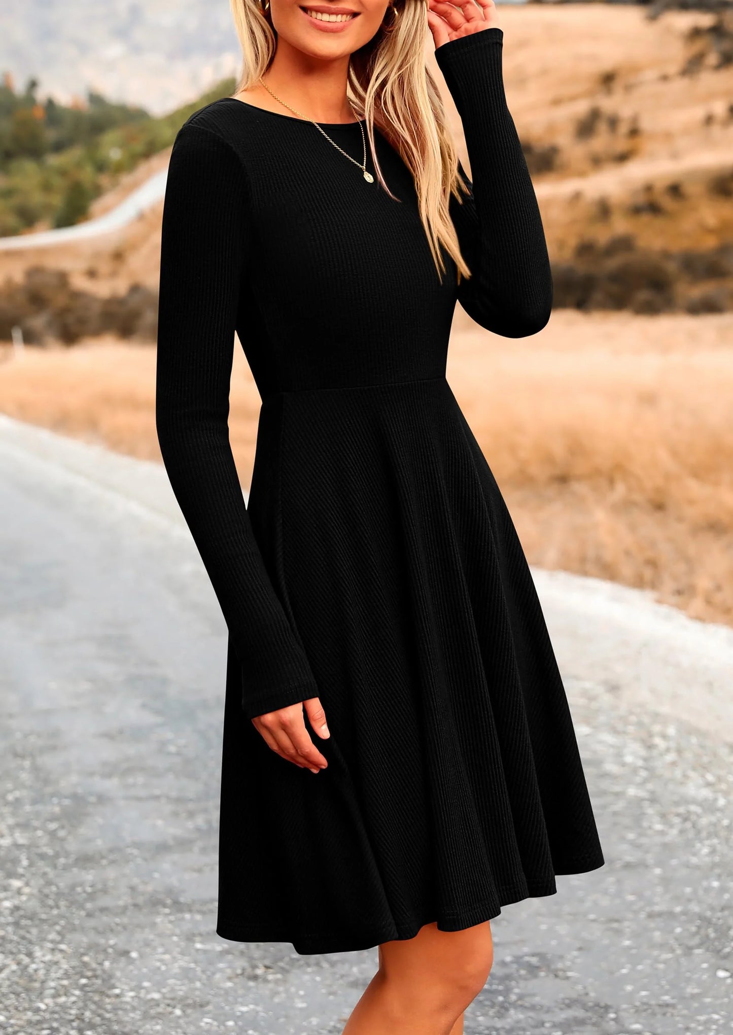Women's Spring Fall Short Dress Ribbed Knit Crewneck Long Sleeve A Line Flowy Casual Elegant Going Out Dresses