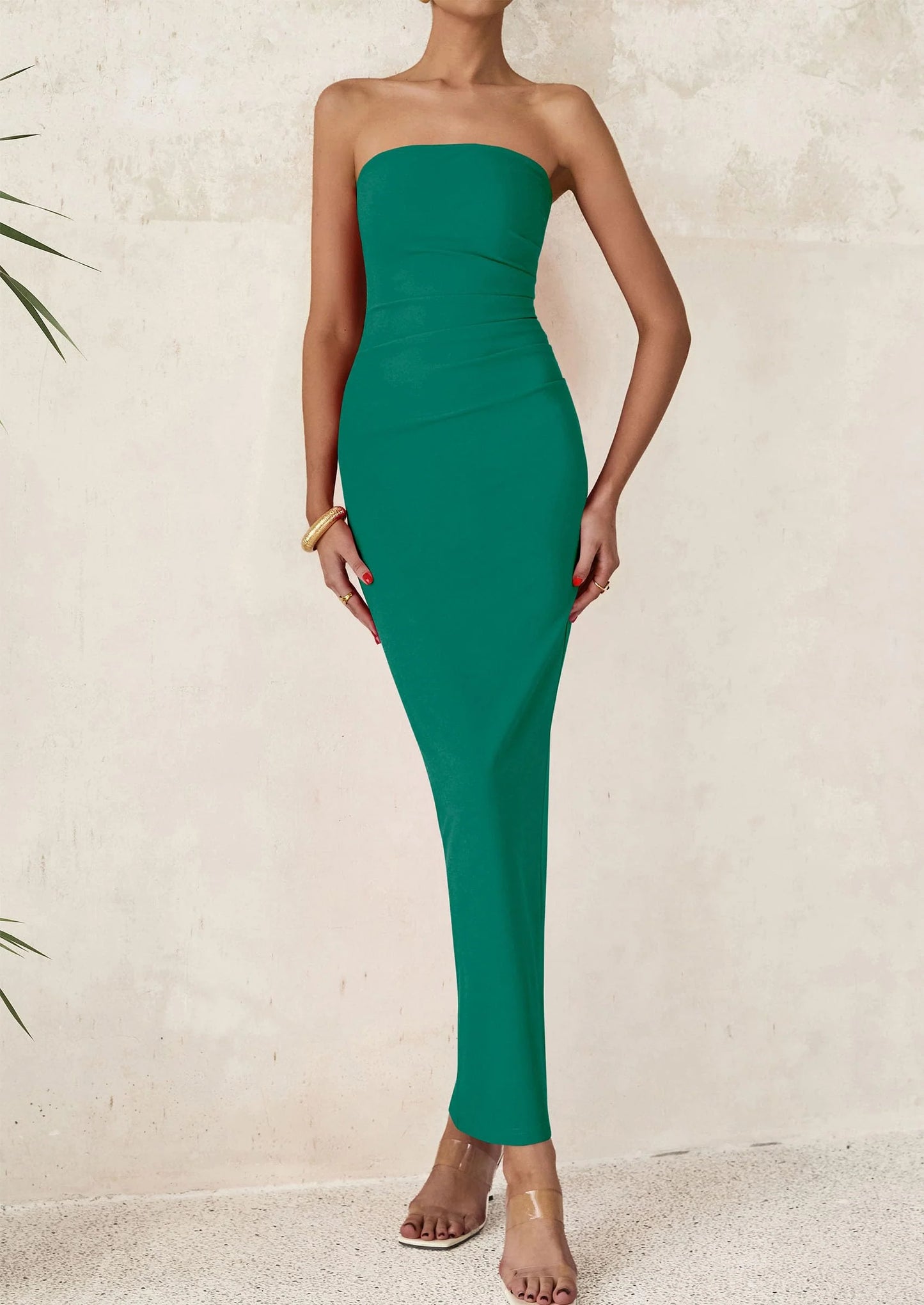 Women's Semi Formal Cocktail Dresses Strapless Tube Bodycon Ruched Evening Wedding Guest Maxi Dress