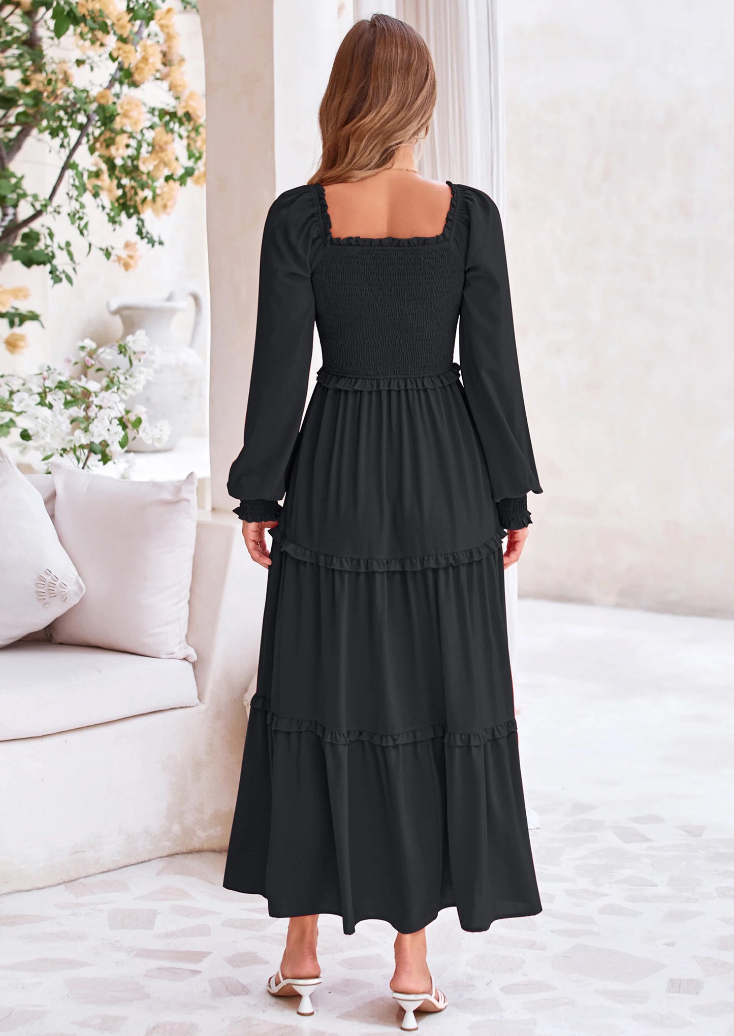 Fall Wedding Guest Dresses for Women Long Sleeve Square Neck Tiered A Line Modest Elegant Flowy Dresses