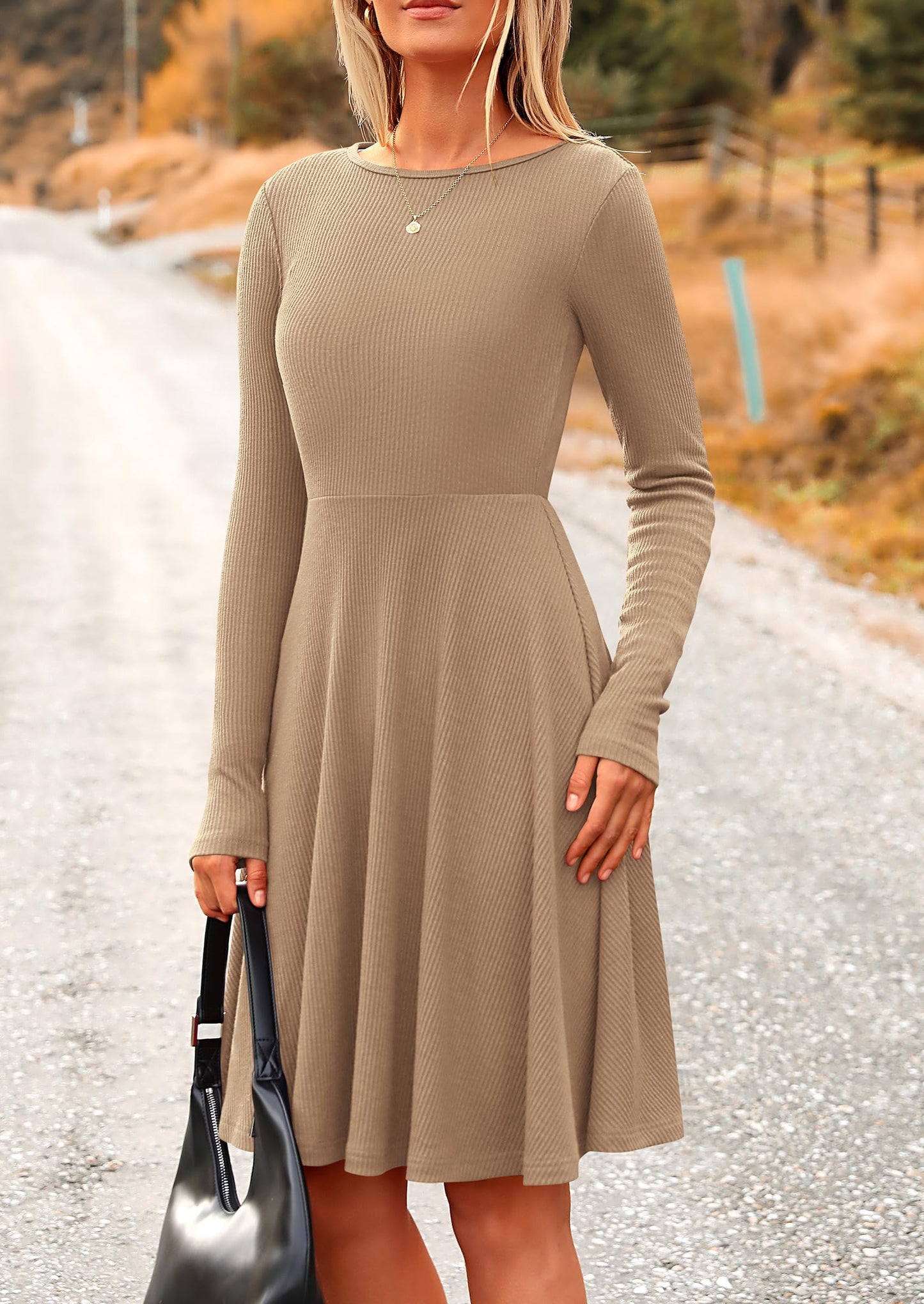 Women's Spring Fall Short Dress Ribbed Knit Crewneck Long Sleeve A Line Flowy Casual Elegant Going Out Dresses