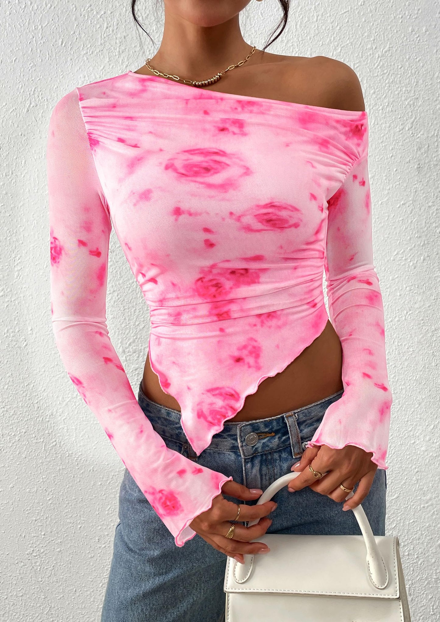 Womens Fall Trendy Off Shoulder Tops Tie Dye Mesh Long Sleeve Shirts Asymmetrical Ruched Floral Blouse