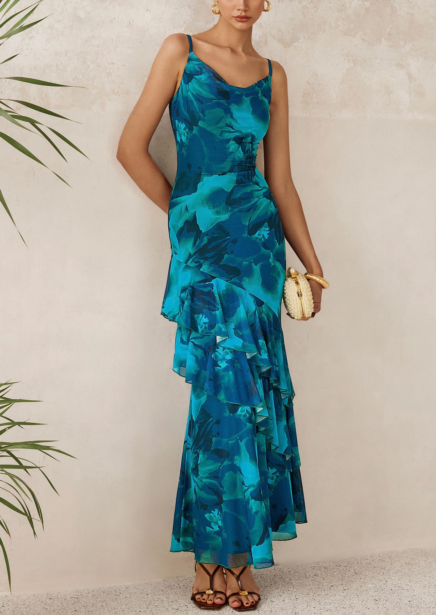 Maxi Dresses for Women Floral Beach Sundress Spaghetti Strap Tiered Wedding Guest Long Dress