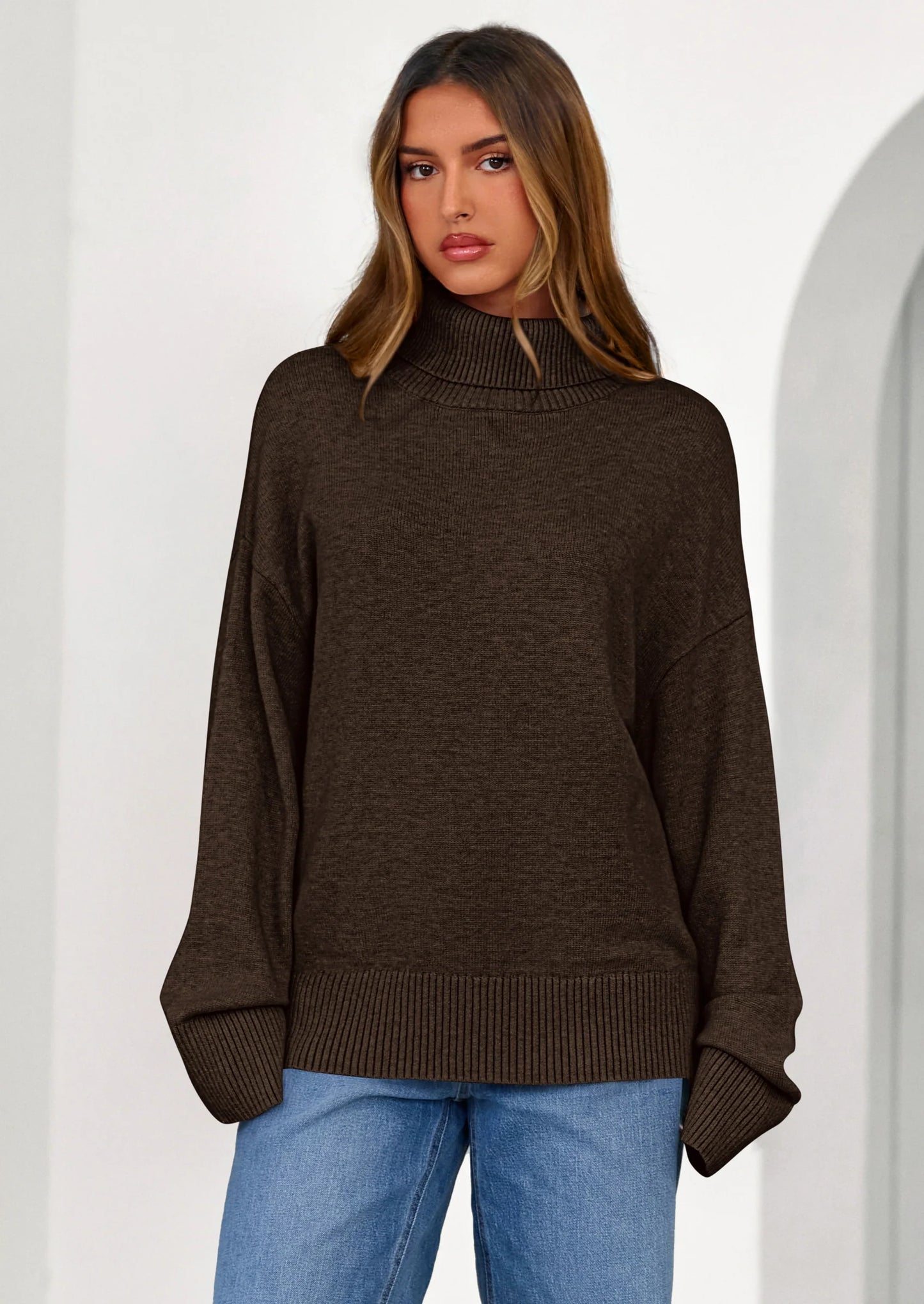Womens Turtleneck Long Sleeve Sweater Fall Trendy Loose Fit Casual Tops Chunky Knit Pullover Sweaters