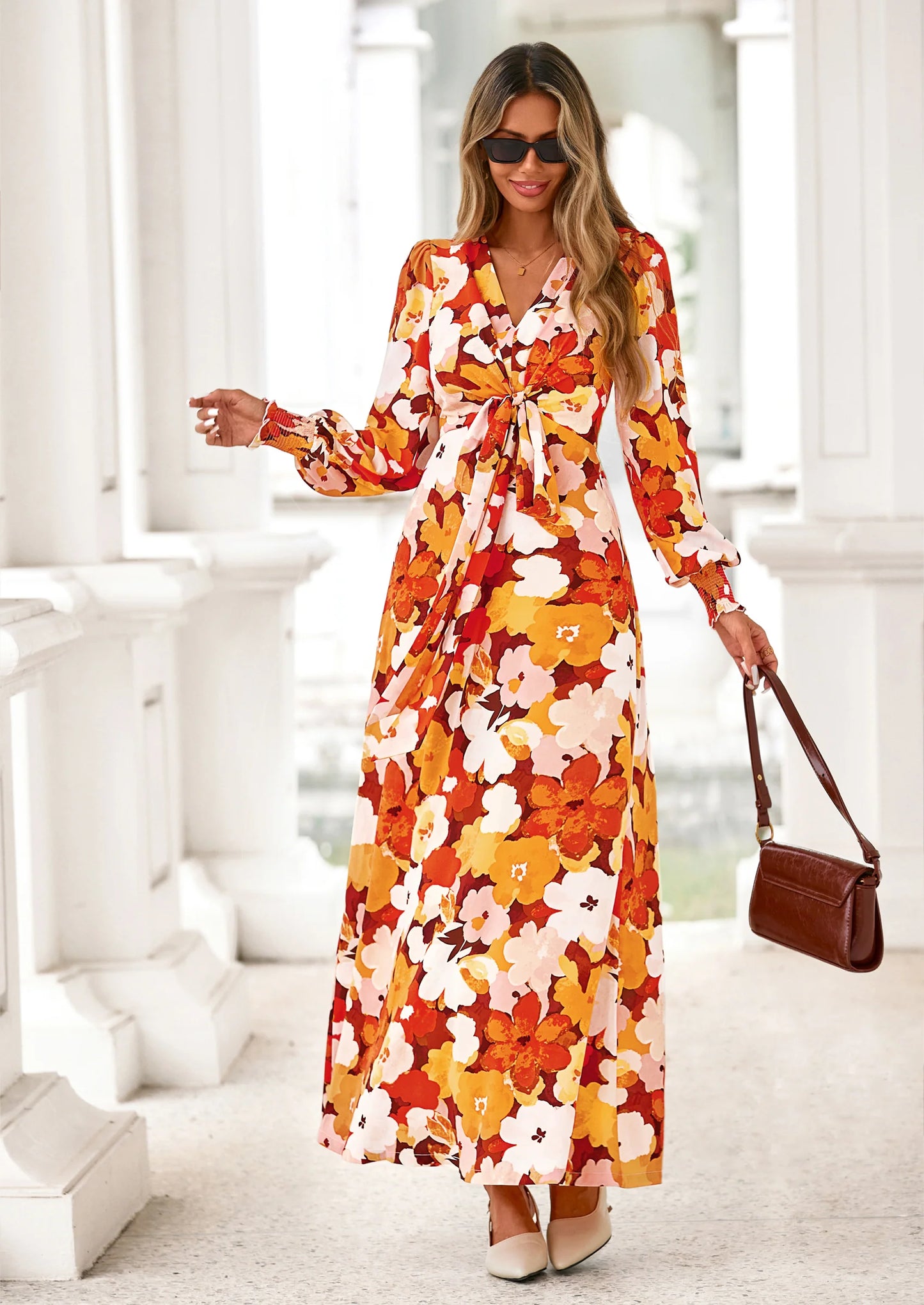 Women's Fall Boho Maxi Dress Floral Long Sleeve V Neck Flowy Belted Elegant Holiday Party Dresses
