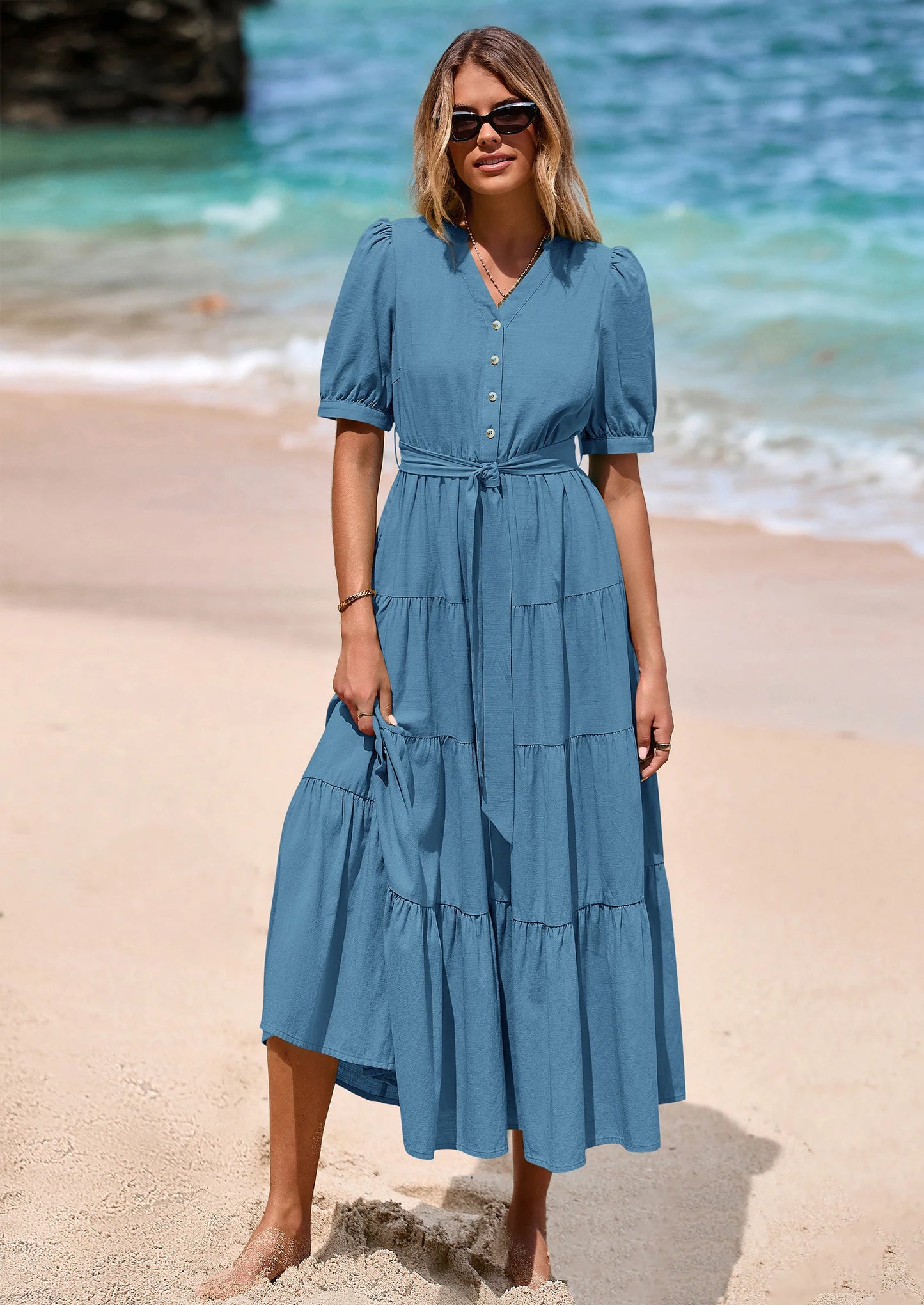Women's Midi Dress Casual Short Sleeve V Neck Buttons Belted Ruffle A Line Flowy Dress with Pockets