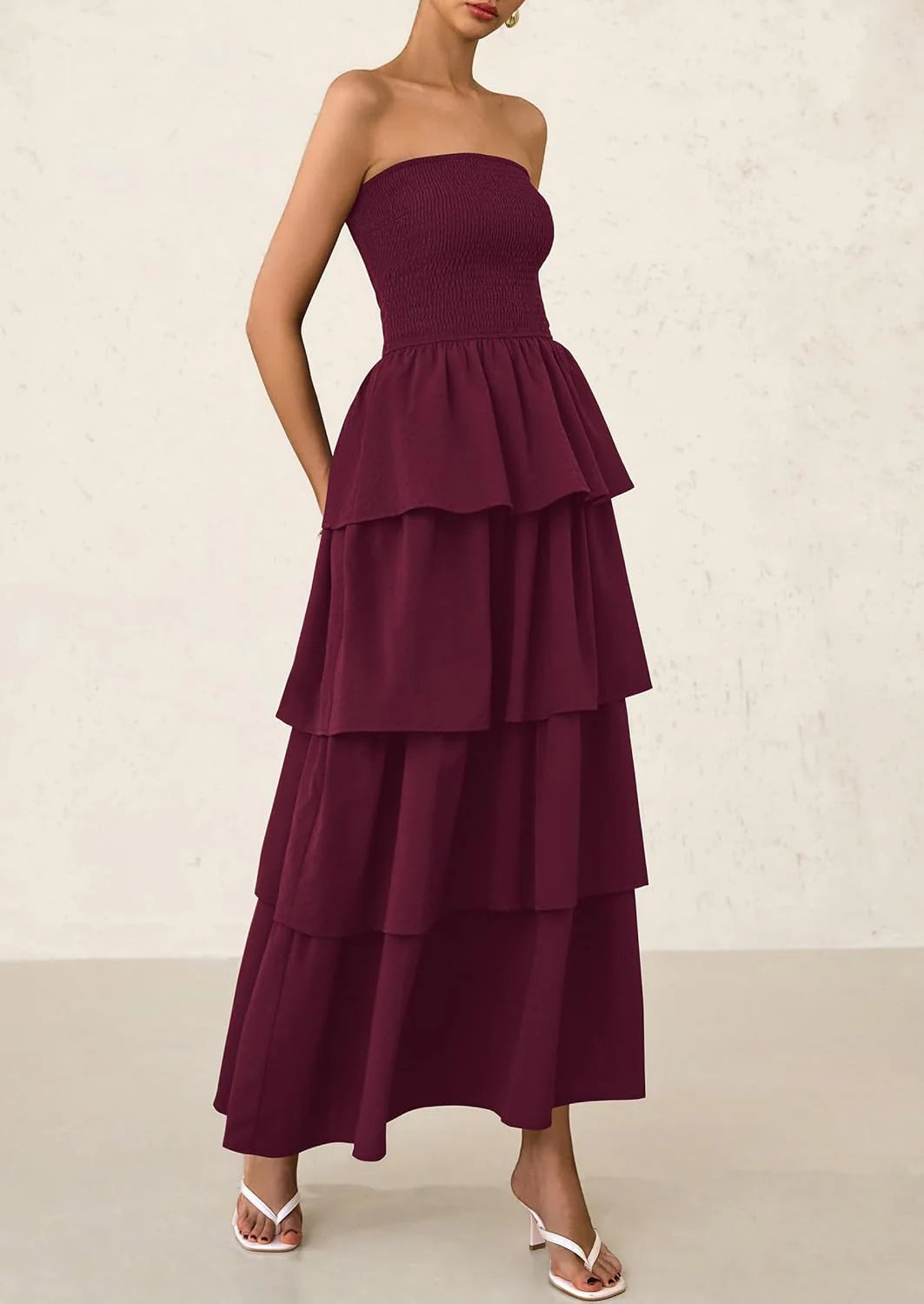 Maxi Dresses for Women Off Shoulder Smocked Tiered Ruffle Long Flowy Wedding Guest Dress