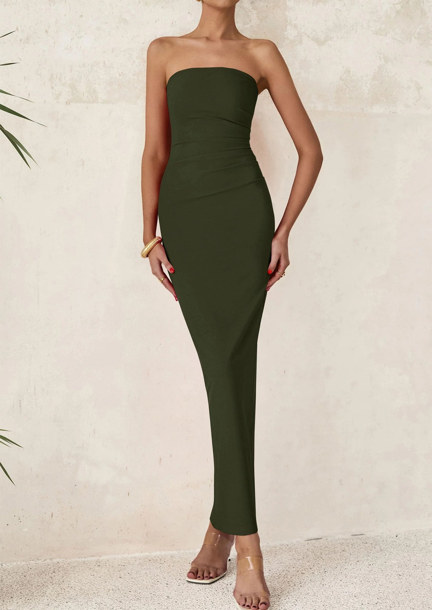 Women's Semi Formal Cocktail Dresses Strapless Tube Bodycon Ruched Evening Wedding Guest Maxi Dress