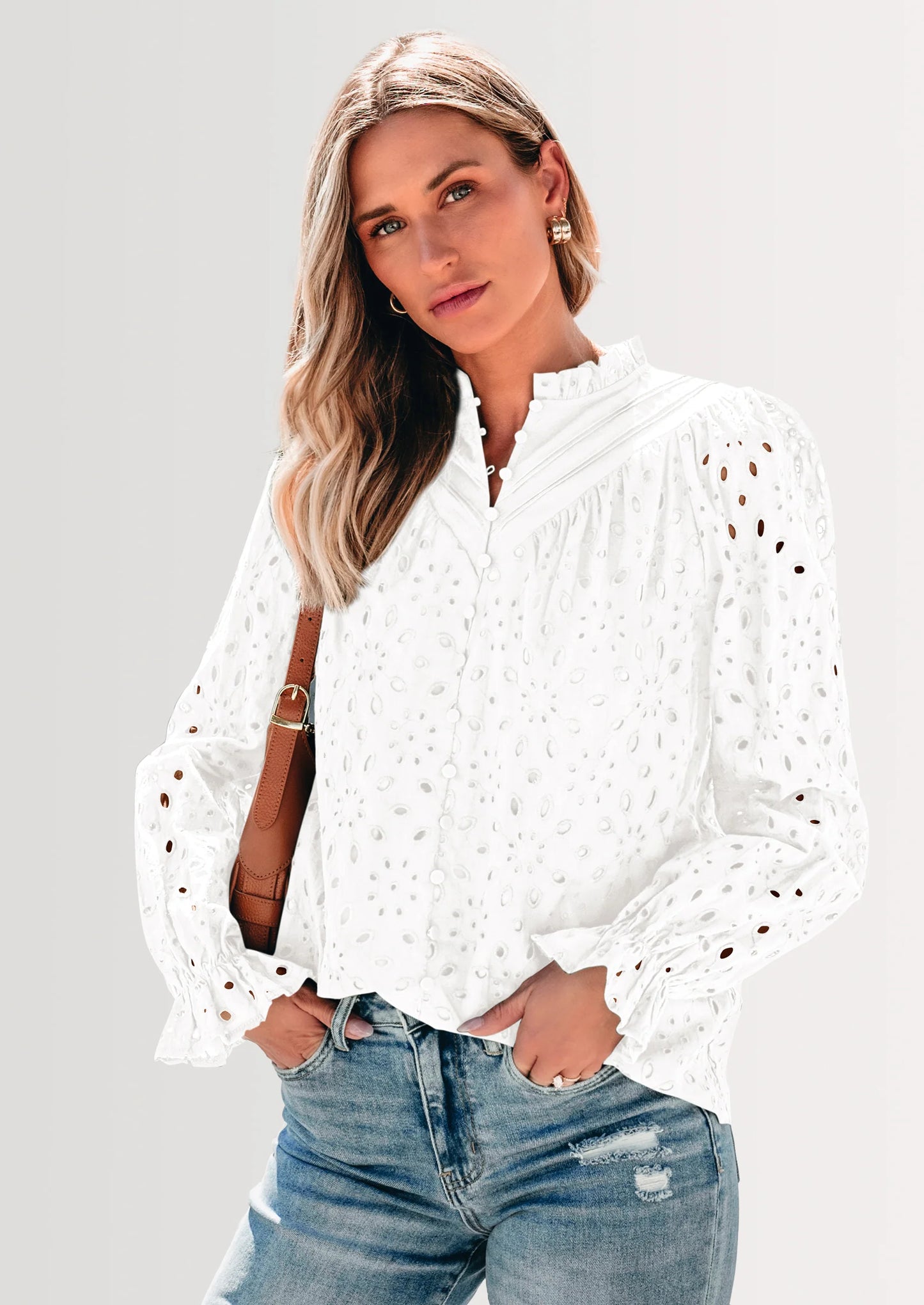 Women's Dressy Casual Blouse Tops Fall Spring Puff Long Sleeve Button V Neck Hollow Out Lace Embroidered Shirts