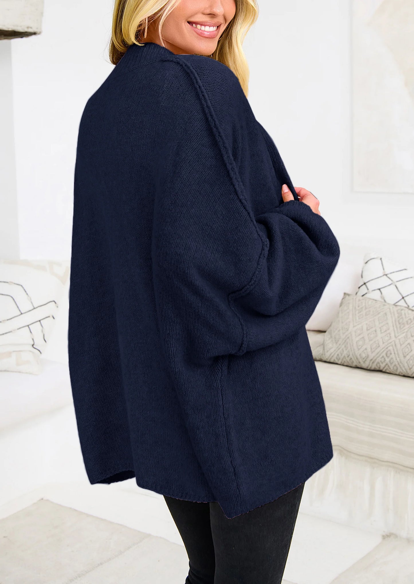 Women's Winter Button Down Cardigan Sweaters Mock Neck Lantern Long Sleeve Chunky Knit Jacket Trendy Outerwear