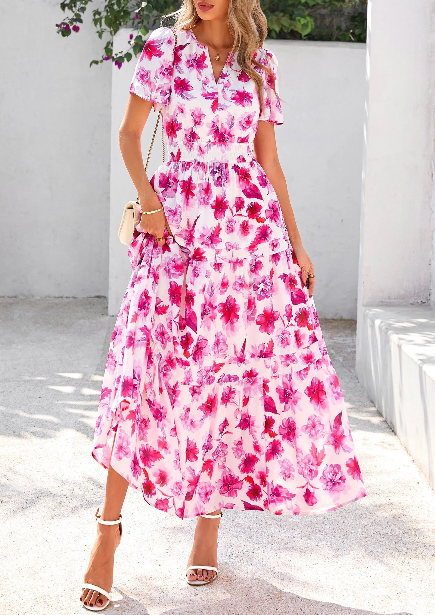 Women's Boho Maxi Dresses Floral Short Sleeve V Neck A Line Tiered Flowy Long Beach Vacation Dress