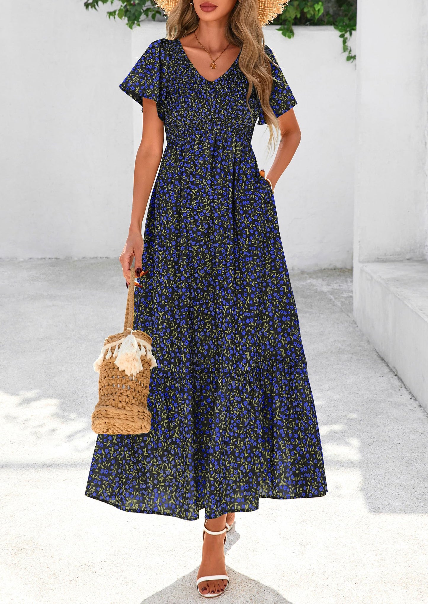 Women Floral Boho Maxi Dresses Short Sleeve V Neck Smocked A Line Long Flowy Beach Vacation Dress