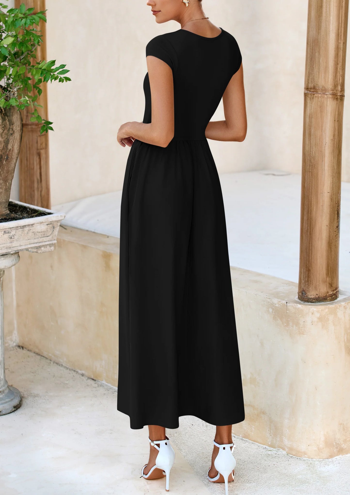 Women's Casual Long Dresses Cap Sleeve Patchwork A Line Flowy Modest Elegant Homecoming Maxi Dress