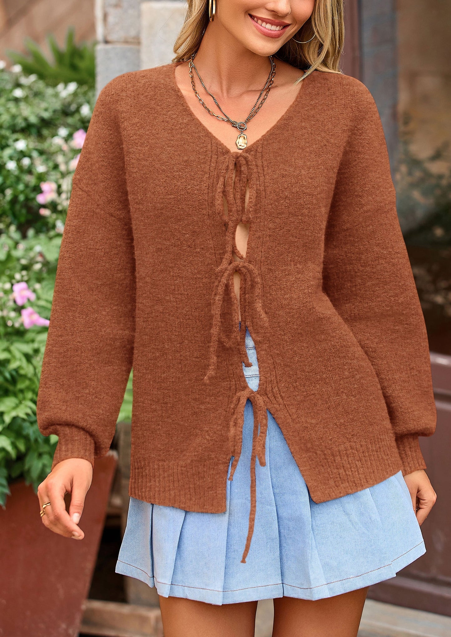 Women's Tie Front Bow Cardigan Sweaters Chunky Knit Long Puff Sleeve Trendy Fall Winter Jacket Coats
