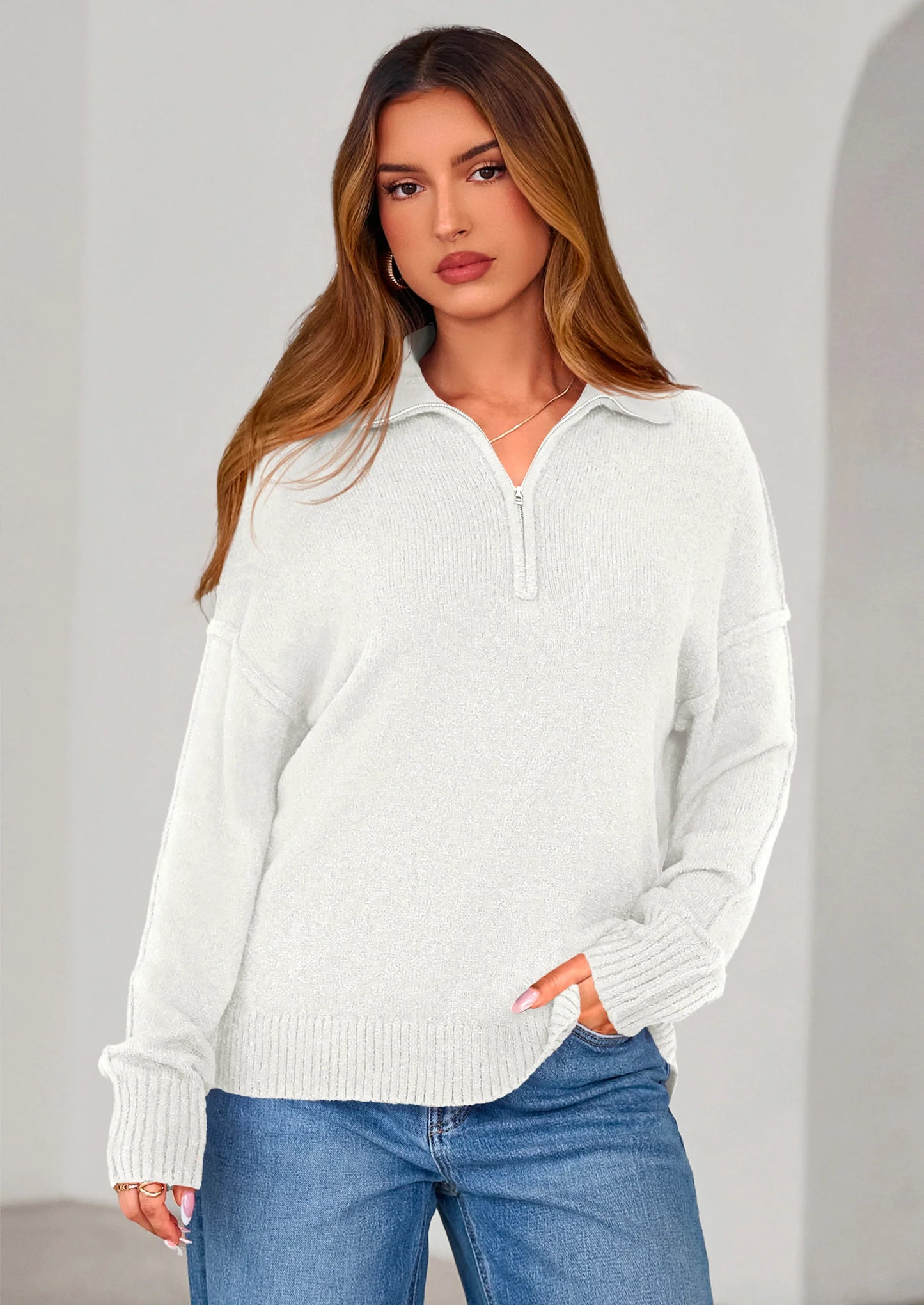 Womens Sweaters Quarter Zip Pullover Early Fall Fashion Long Sleeve V Neck Collared Knit Winter Jumper Tops