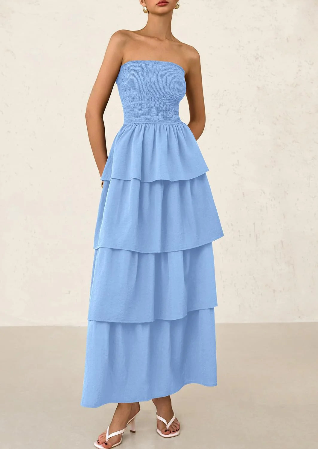 Maxi Dresses for Women Off Shoulder Smocked Tiered Ruffle Long Flowy Wedding Guest Dress