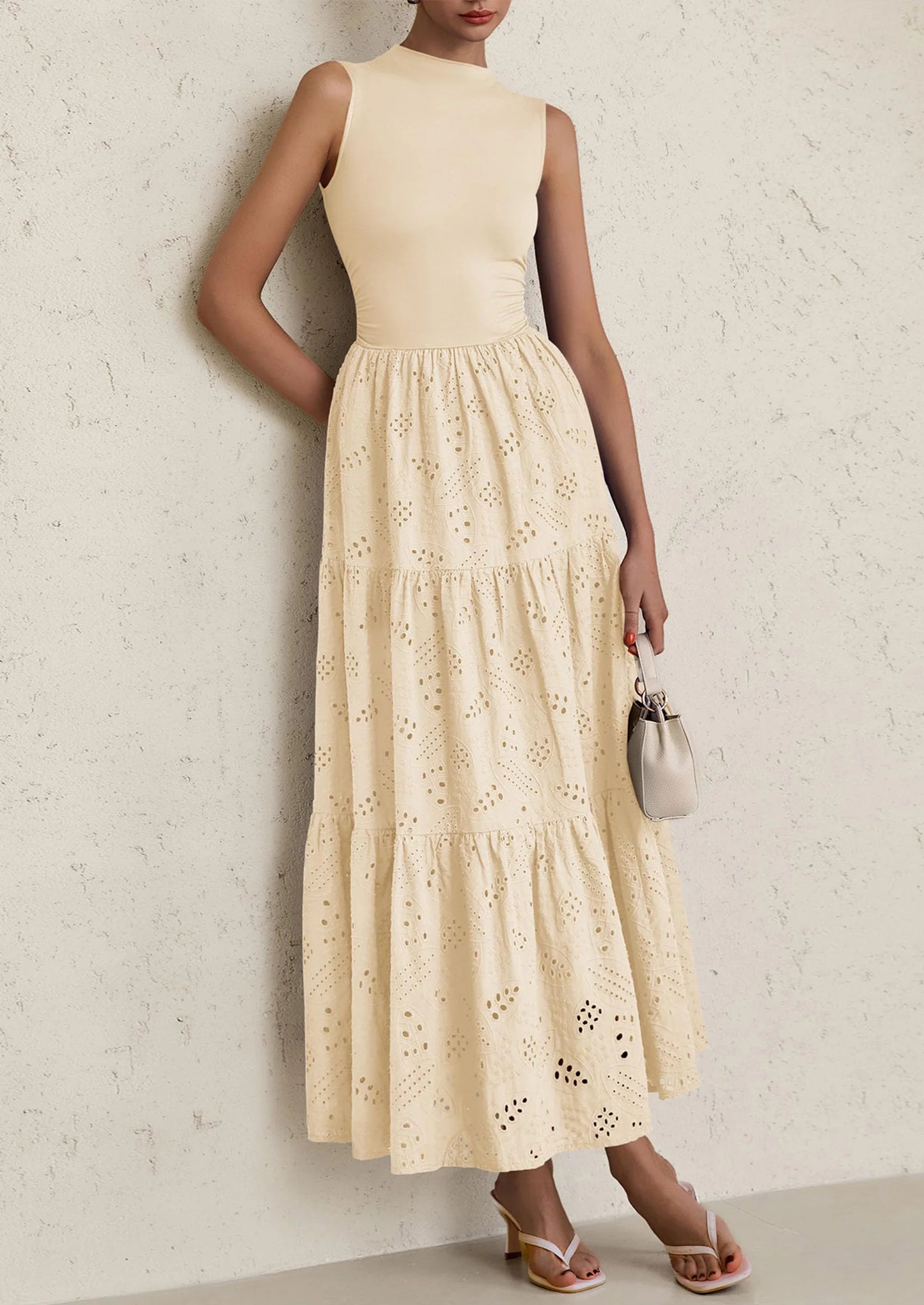 Dresses for Women Casual Eyelet Sleeveless Wedding Guest Maxi Dress Tank Top Sundress with Pockets
