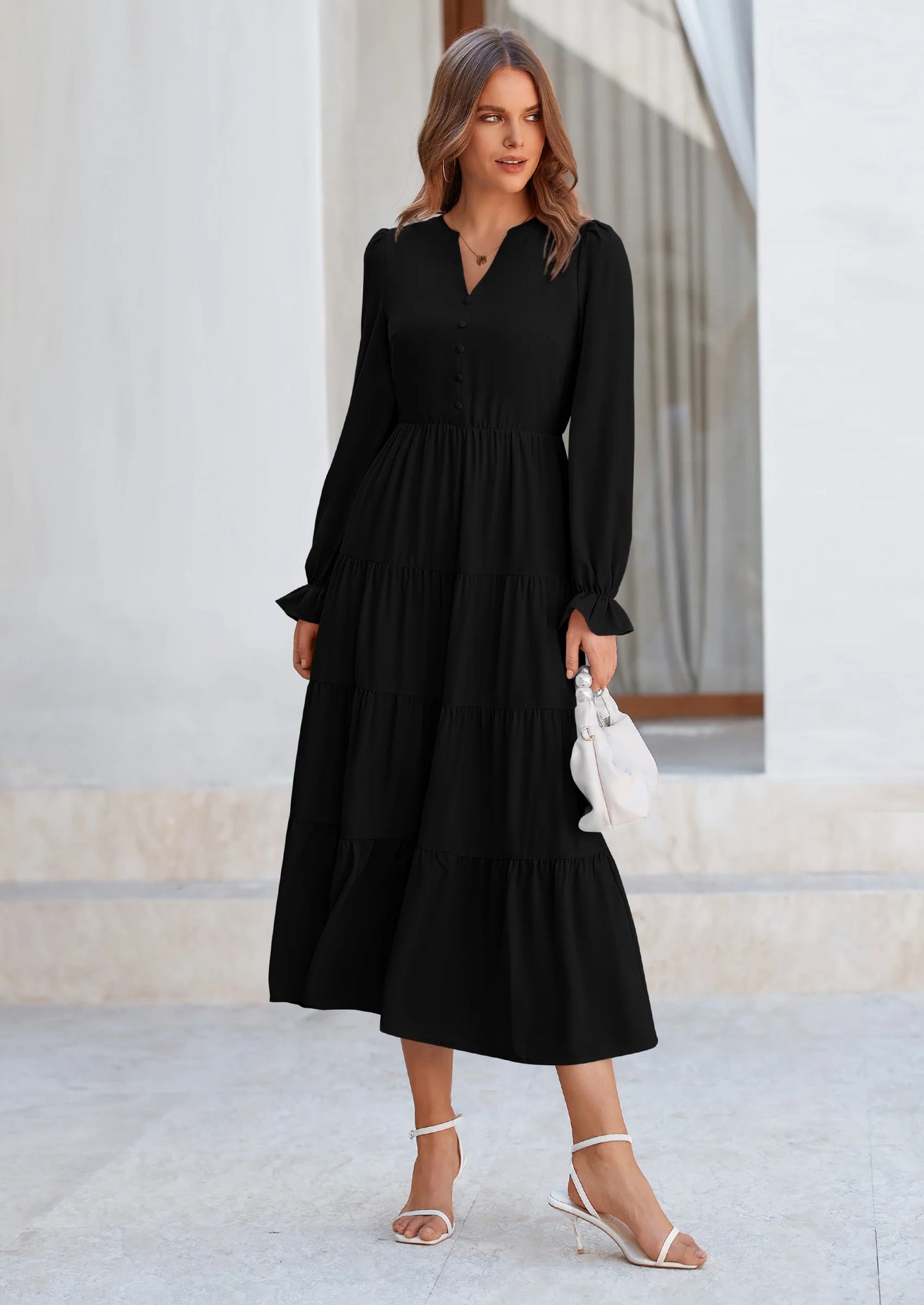 Women Fall Long Sleeve Smocked Maxi Dress Casual Square Neck Swiss Dot Tiered Ruffle Flowy Spring Pocket Dresses