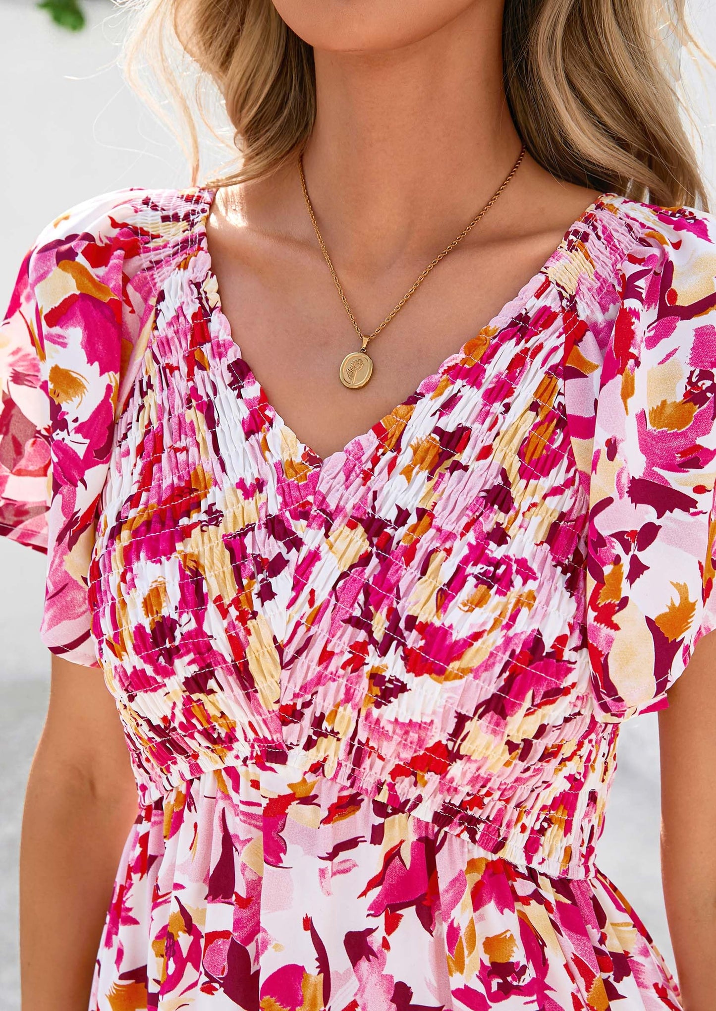 Women Floral Boho Maxi Dresses Short Sleeve V Neck Smocked A Line Long Flowy Beach Vacation Dress