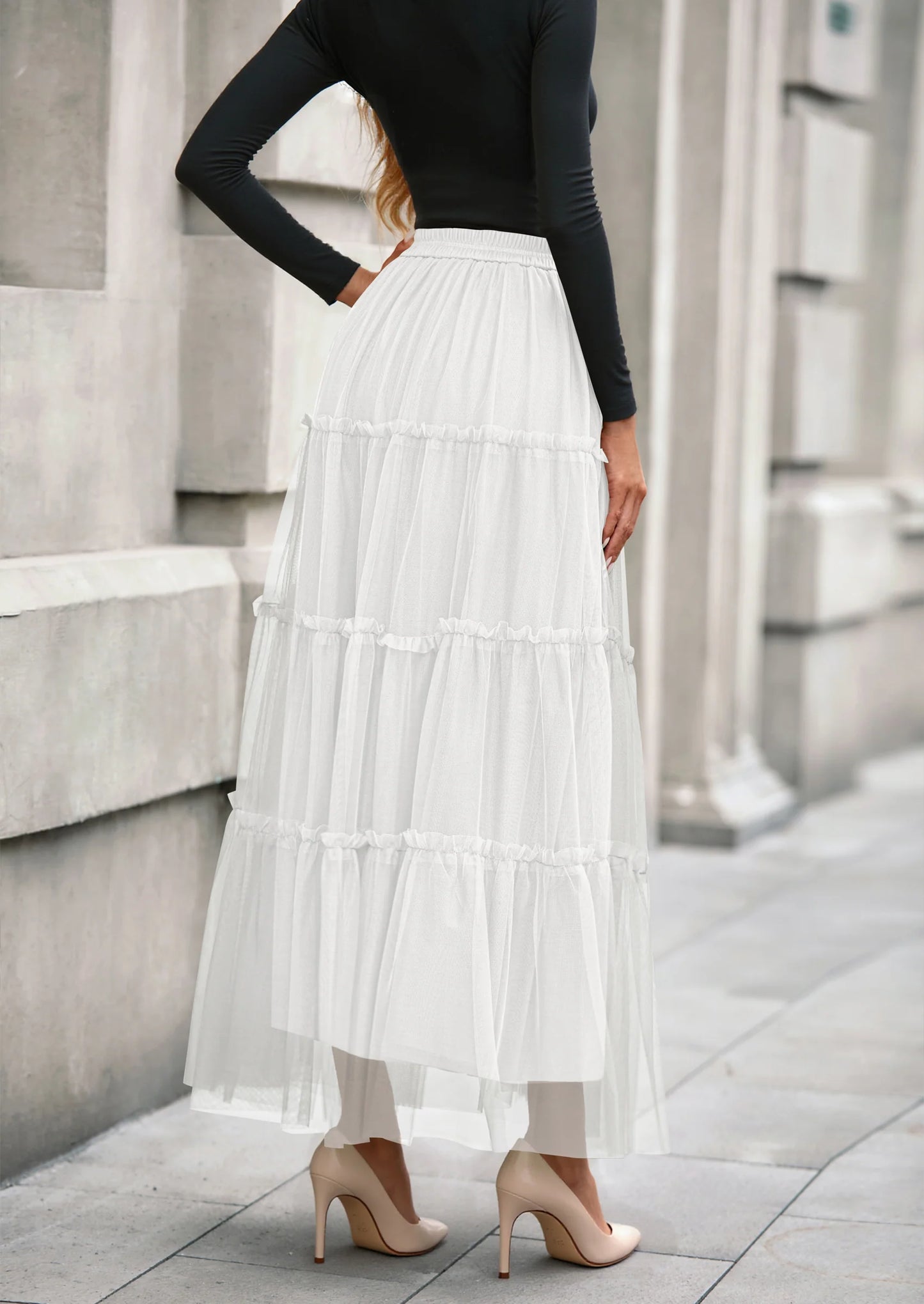 Maxi Skirts for Women Fall Tulle High Waisted Ruffle Flowy A-Line Long Skirt Country Concert Outfits
