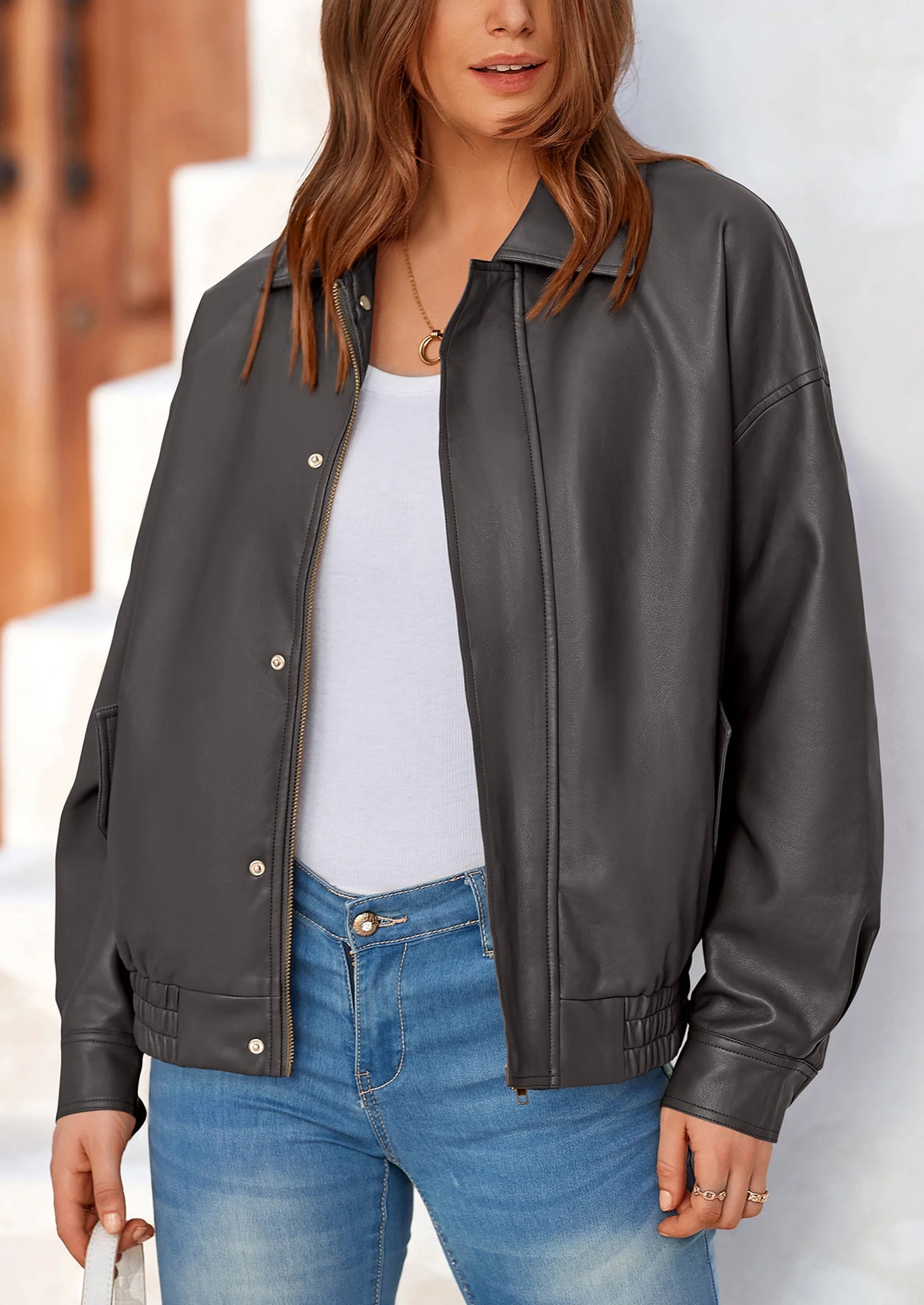Women's Faux Leather Motorcycle Jacket Trendy Fall Spring Clothes Oversized Zip Up Winter Coat Outerwear