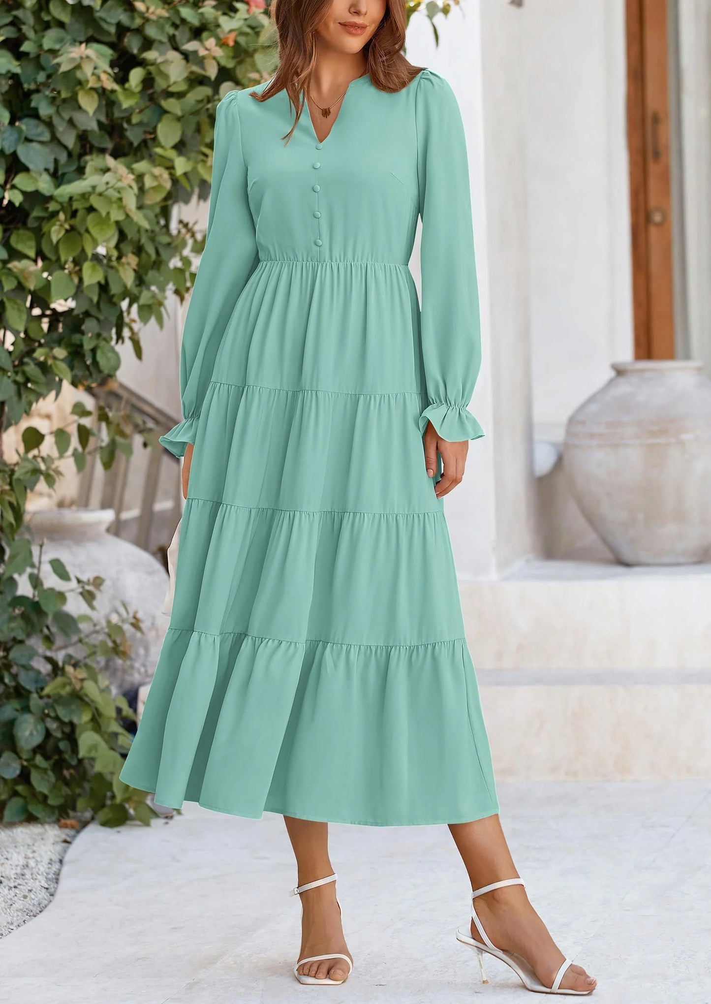 Women Fall Long Sleeve Smocked Maxi Dress Casual Square Neck Swiss Dot Tiered Ruffle Flowy Spring Pocket Dresses