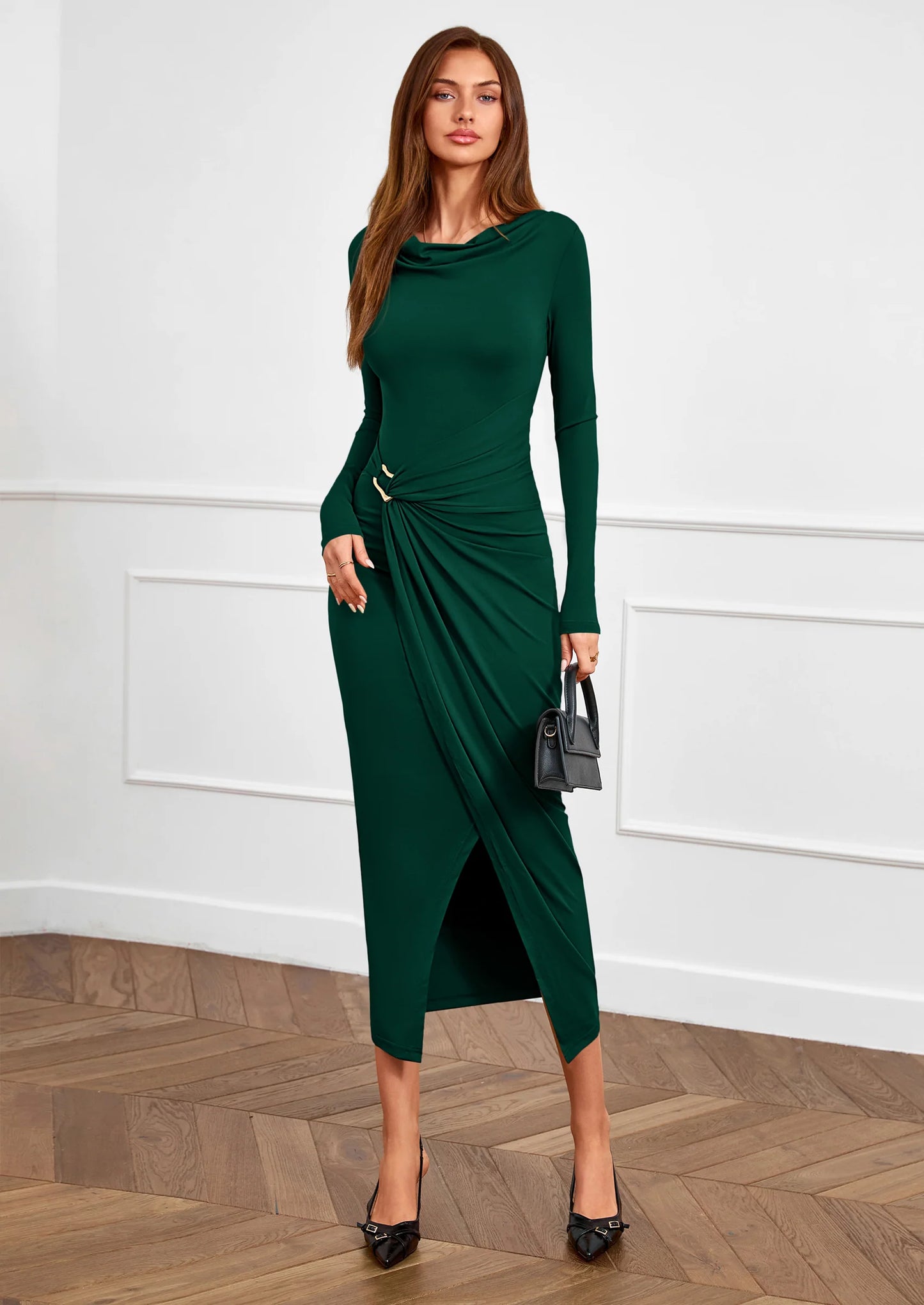 Women's Fall Wedding Guest Cocktail Midi Dresses Elegant Long Sleeve Bodycon Ruched Dress Fashion Clothing