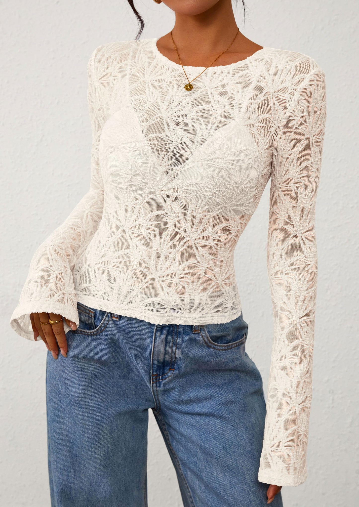 Womens Lace Long Bell Sleeve Tops Fall Sexy See Through Sheer Floral Blouse Shirt Fitted Going Out Outfits