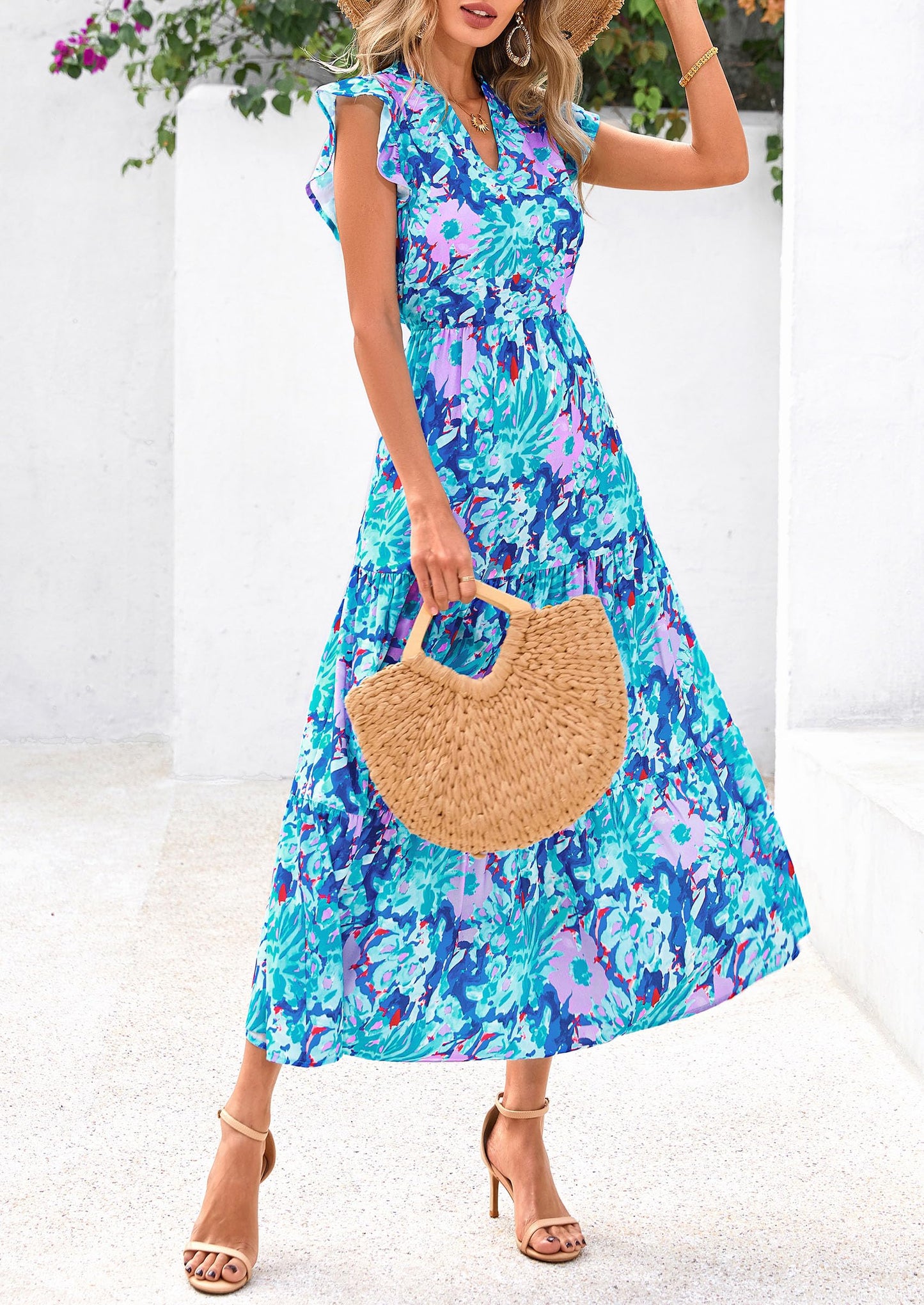 Women's Summer Floral Midi Dress Cap Sleeve V Neck Ruffle Long Flowy Boho Casual Beach Vacation Dresses