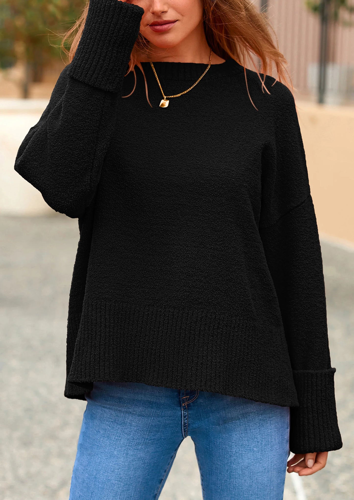 Women's Fall Oversized Sweaters Casual Crewneck Pullover Long Sleeve Fuzzy Chunky Knit Tops Blouse