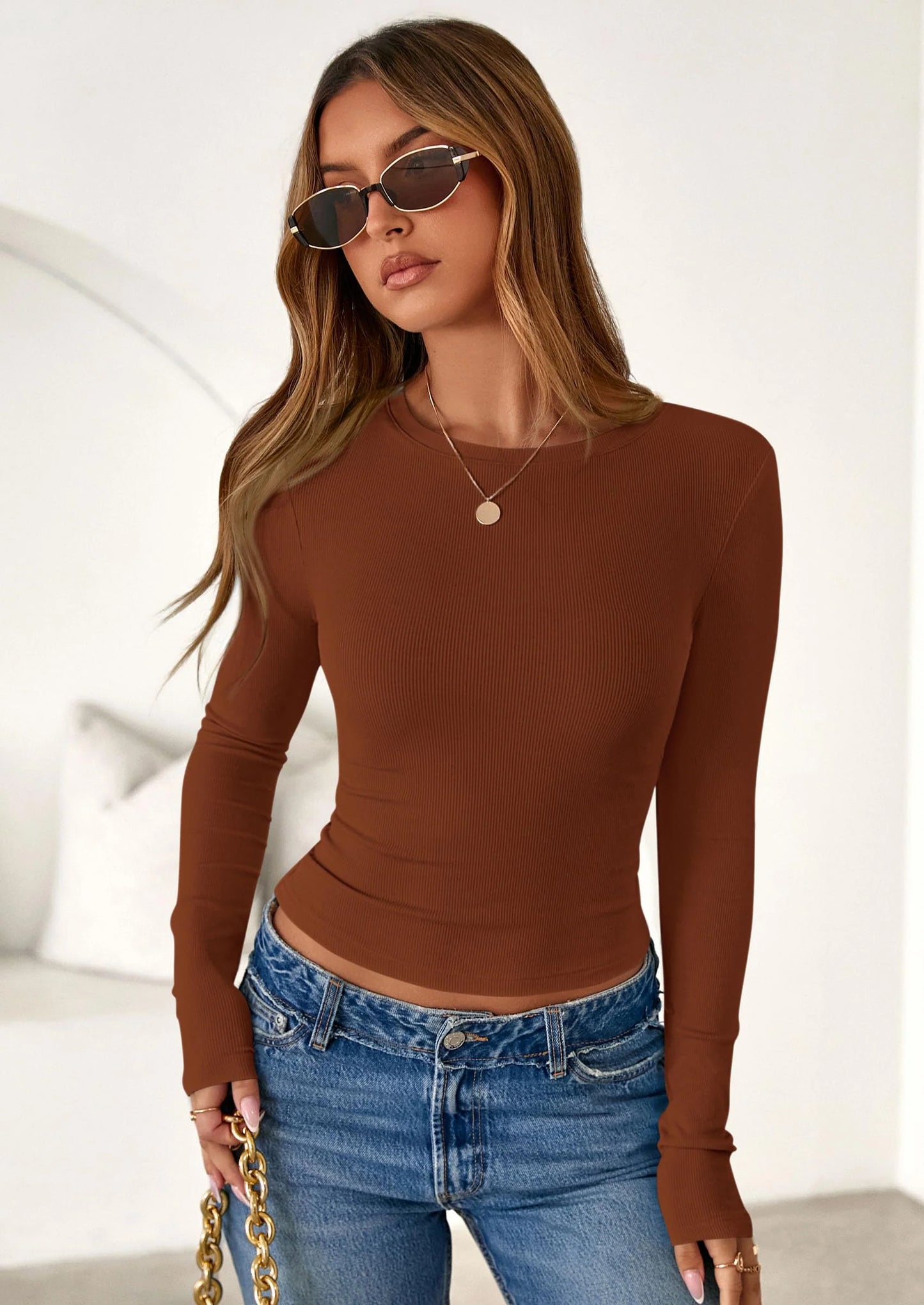 Womens Summer Fall Long Sleeve Shirts Ribbed Knit Fitted Basic Tee Going Out Tops Underscrub Casual Outfits