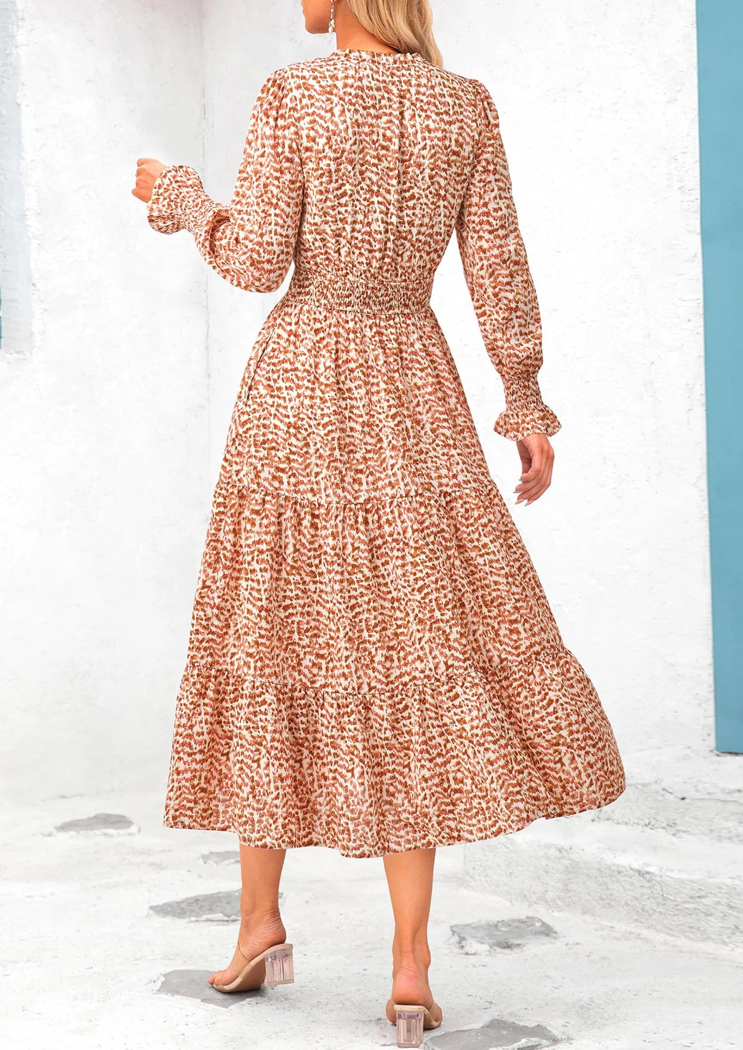 Women's Floral Maxi Dress Spring Long Sleeve V Neck Casual A Line Long Flowy Boho Party Dresses