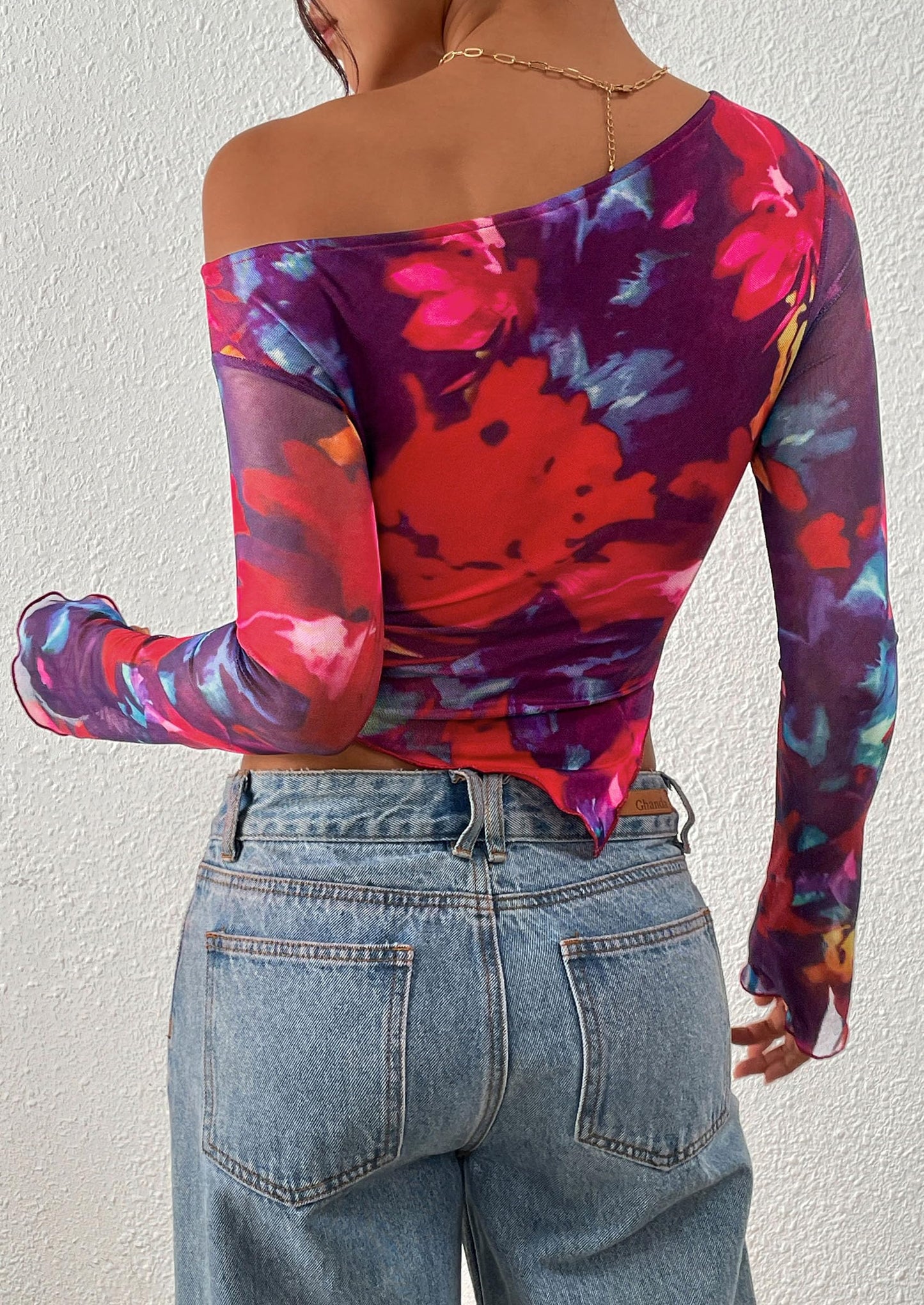 Womens Fall Trendy Off Shoulder Tops Tie Dye Mesh Long Sleeve Shirts Asymmetrical Ruched Floral Blouse