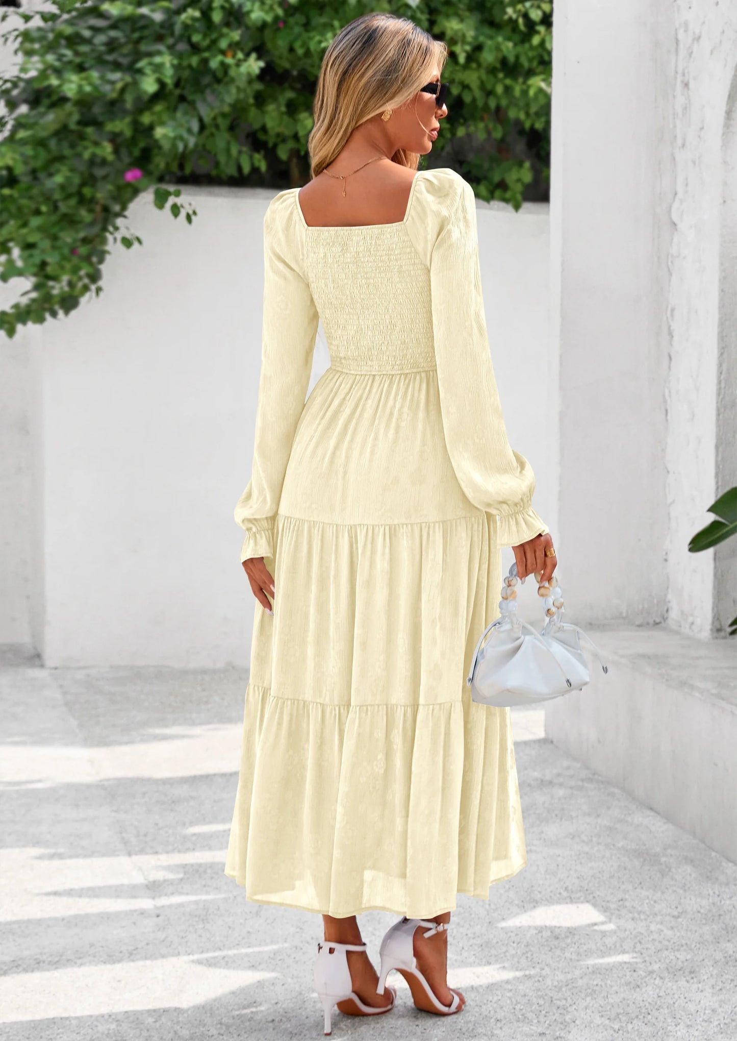 Fall Wedding Guest Dresses for Women Floral Long Sleeve Smocked Tiered Elegant Long Flowy Boho Dress