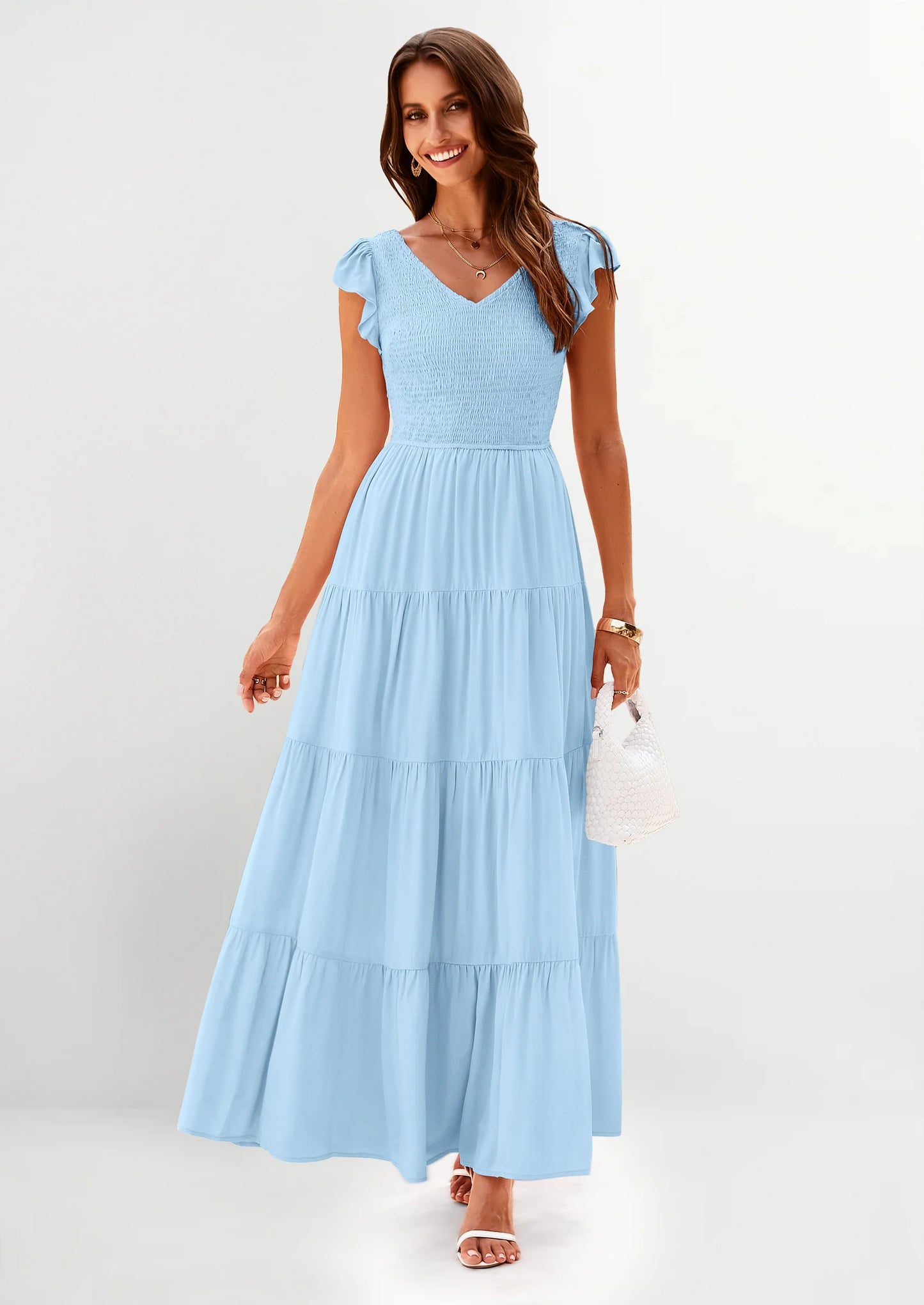 Women's Flowy Maxi Dress Casual Cap Sleeve V Neck Smocked Beach Sundress
