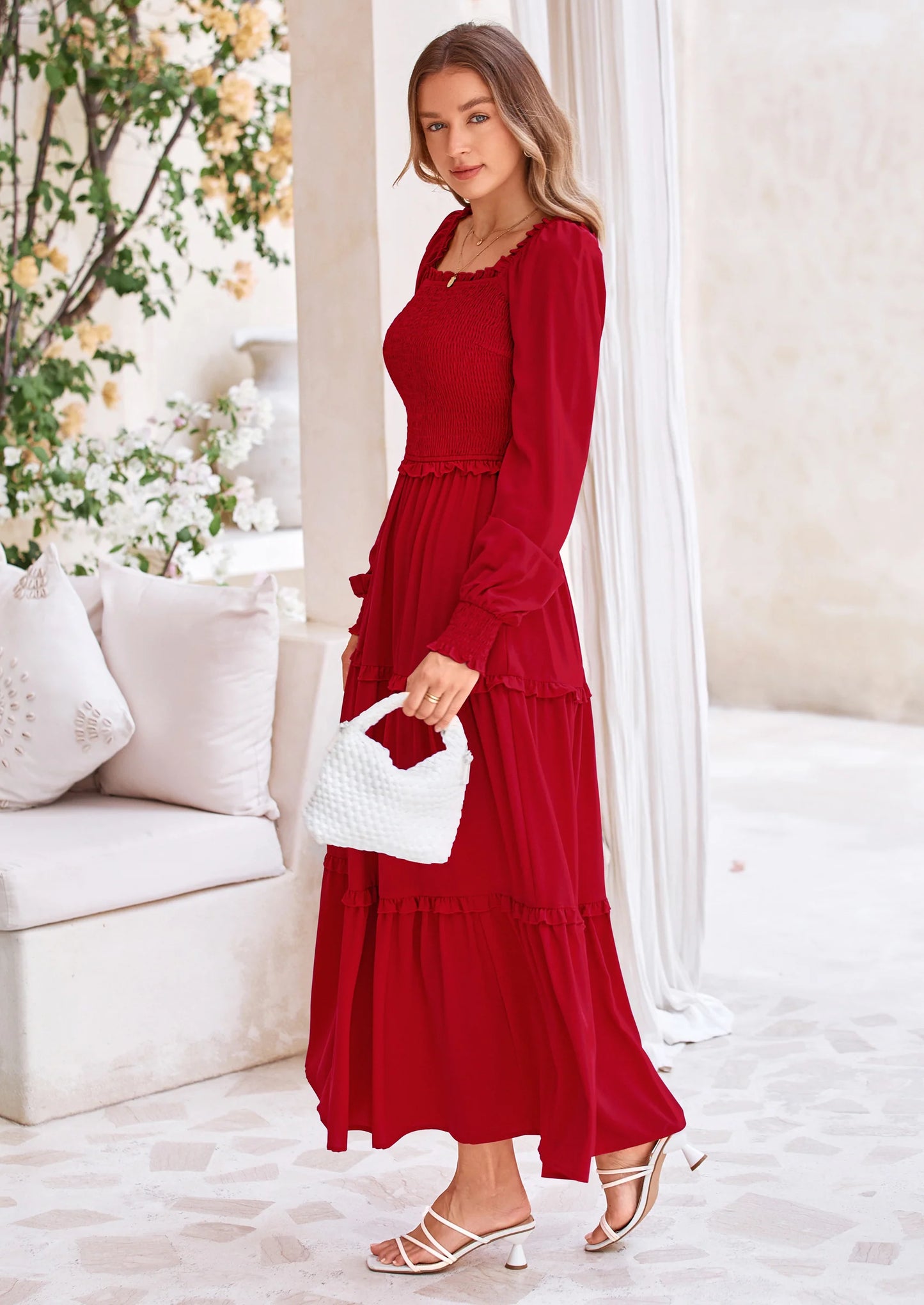 Fall Wedding Guest Dresses for Women Long Sleeve Square Neck Tiered A Line Modest Elegant Flowy Dresses