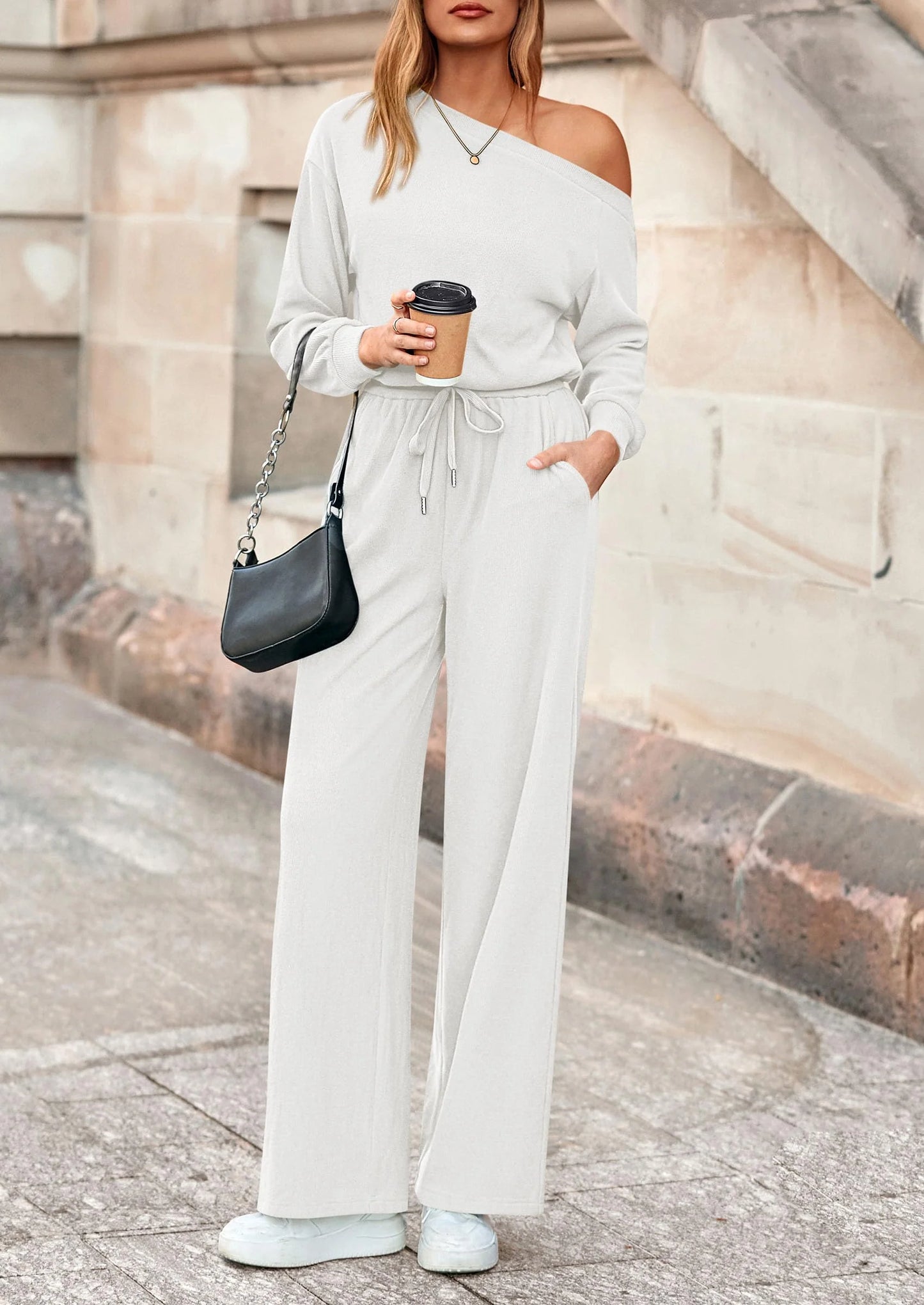 Long Sleeve Jumpsuit For Women Dressy Off Shoulder One Piece Loose Wide Leg Jumpsuits Casual Flowy Romper