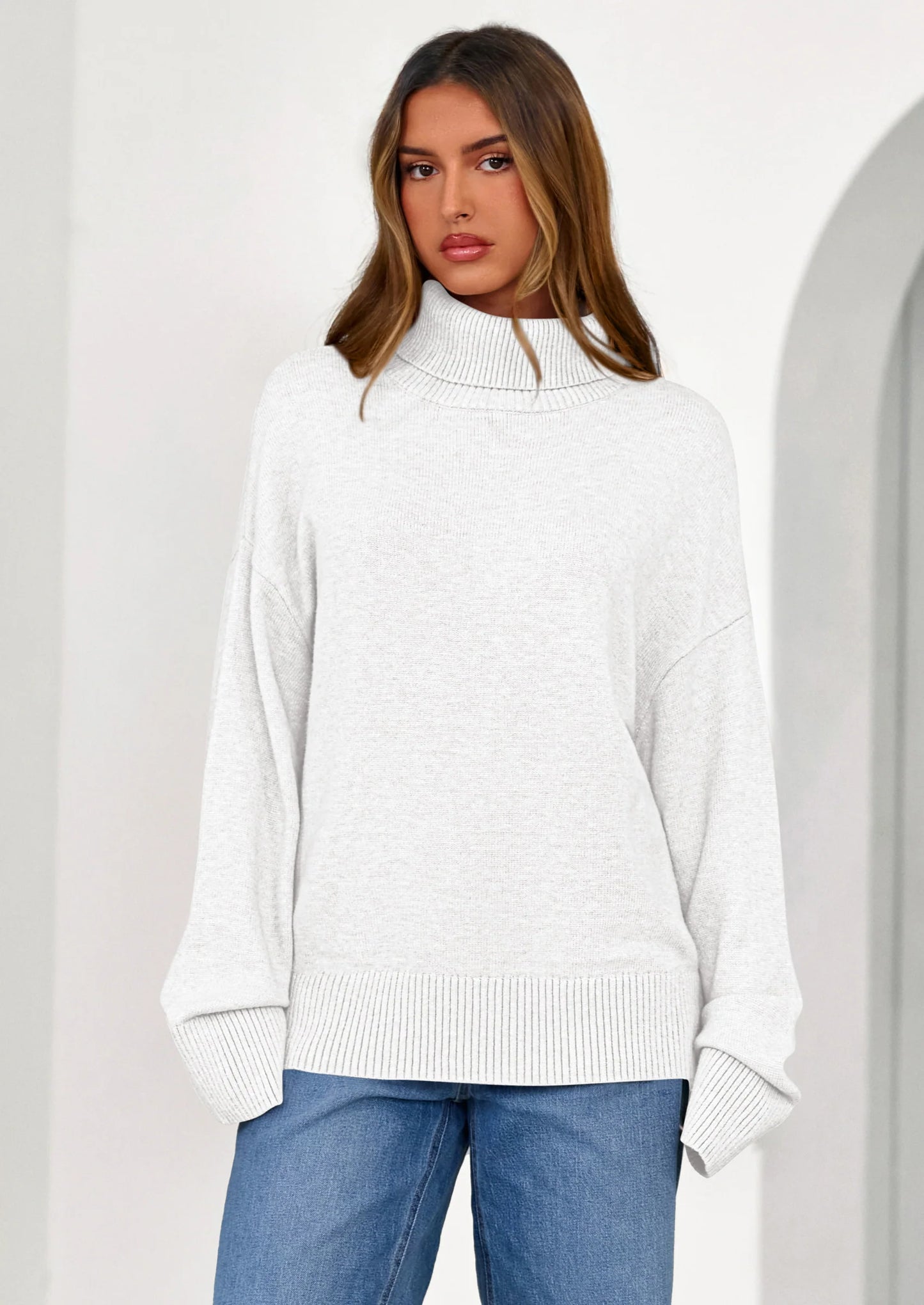 Womens Turtleneck Long Sleeve Sweater Fall Trendy Loose Fit Casual Tops Chunky Knit Pullover Sweaters