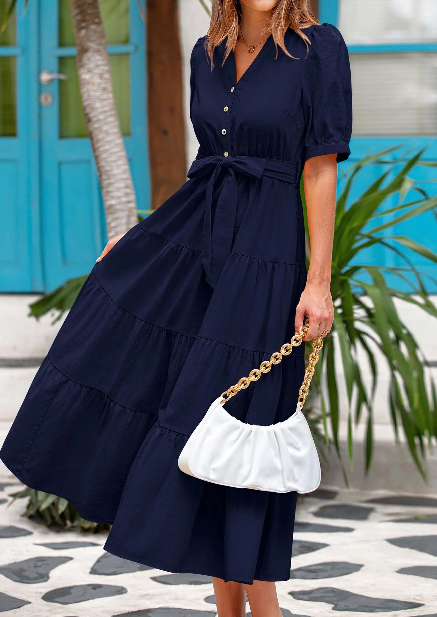 Women's Midi Dress Casual Short Sleeve V Neck Buttons Belted Ruffle A Line Flowy Dress with Pockets