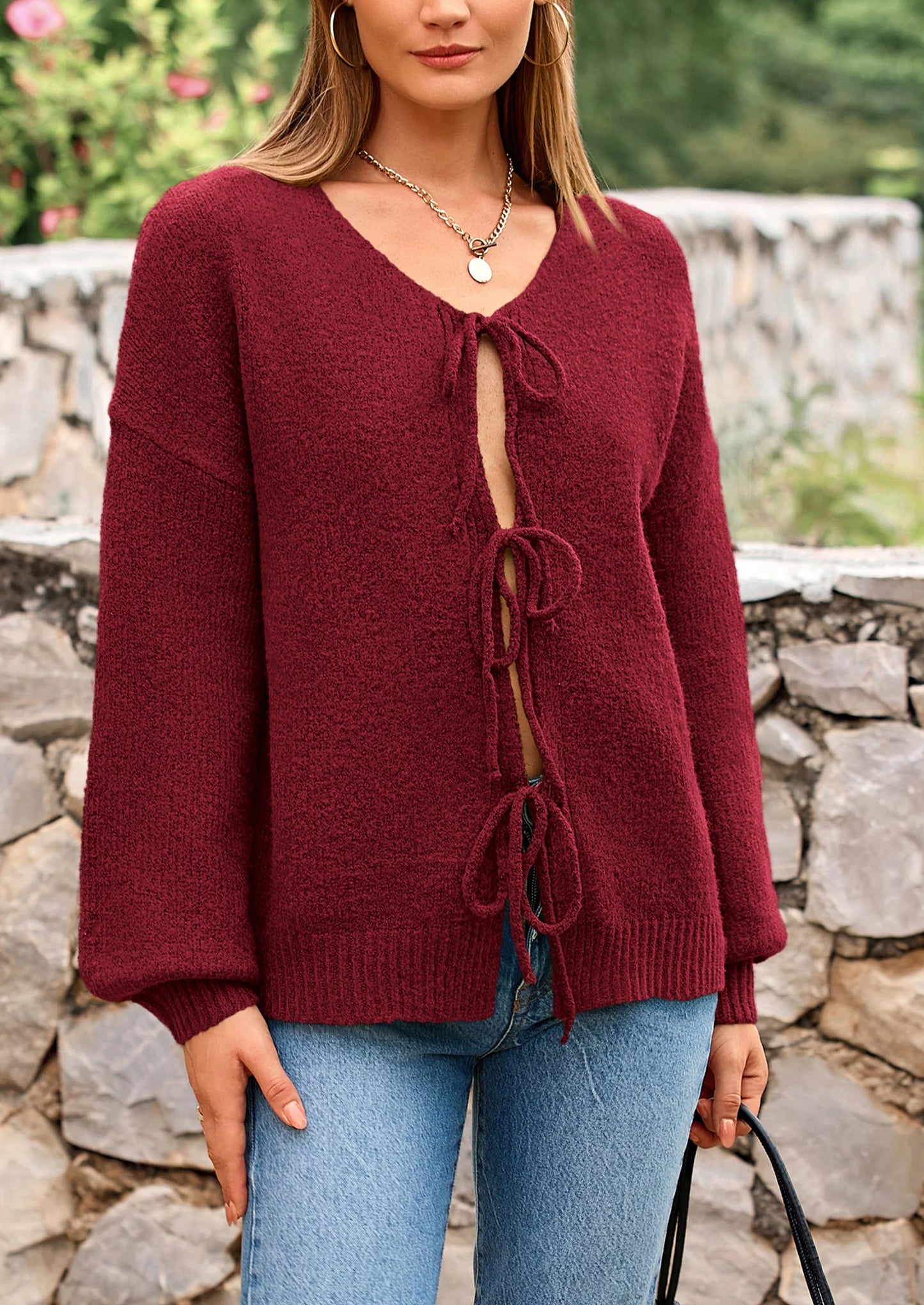 Women's Tie Front Bow Cardigan Sweaters Chunky Knit Long Puff Sleeve Trendy Fall Winter Jacket Coats