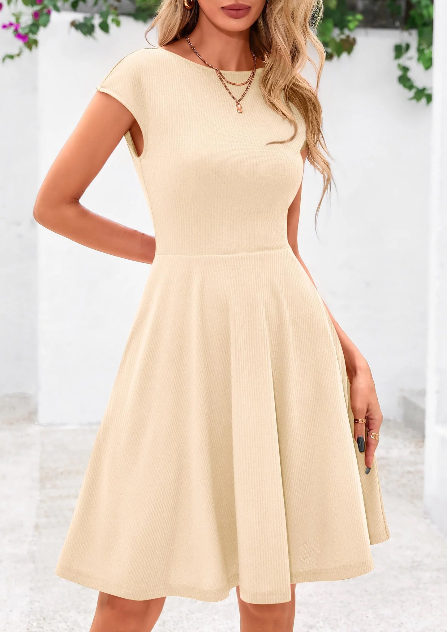 Womens Short Summer Dress Crewneck Cap Sleeve Ribbed Knit Casual Flowy A Line Mini Sundresses with Pockets
