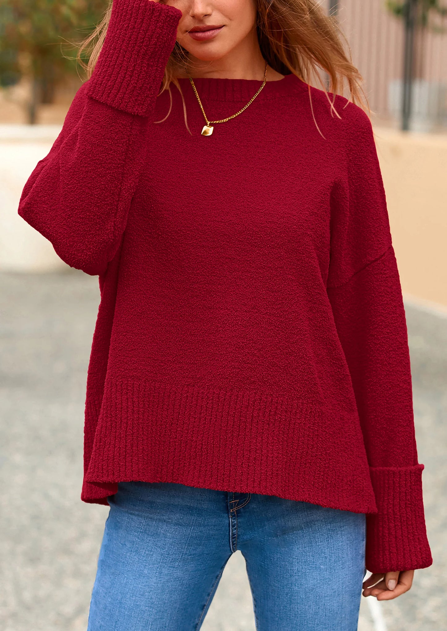 Women's Fall Oversized Sweaters Casual Crewneck Pullover Long Sleeve Fuzzy Chunky Knit Tops Blouse