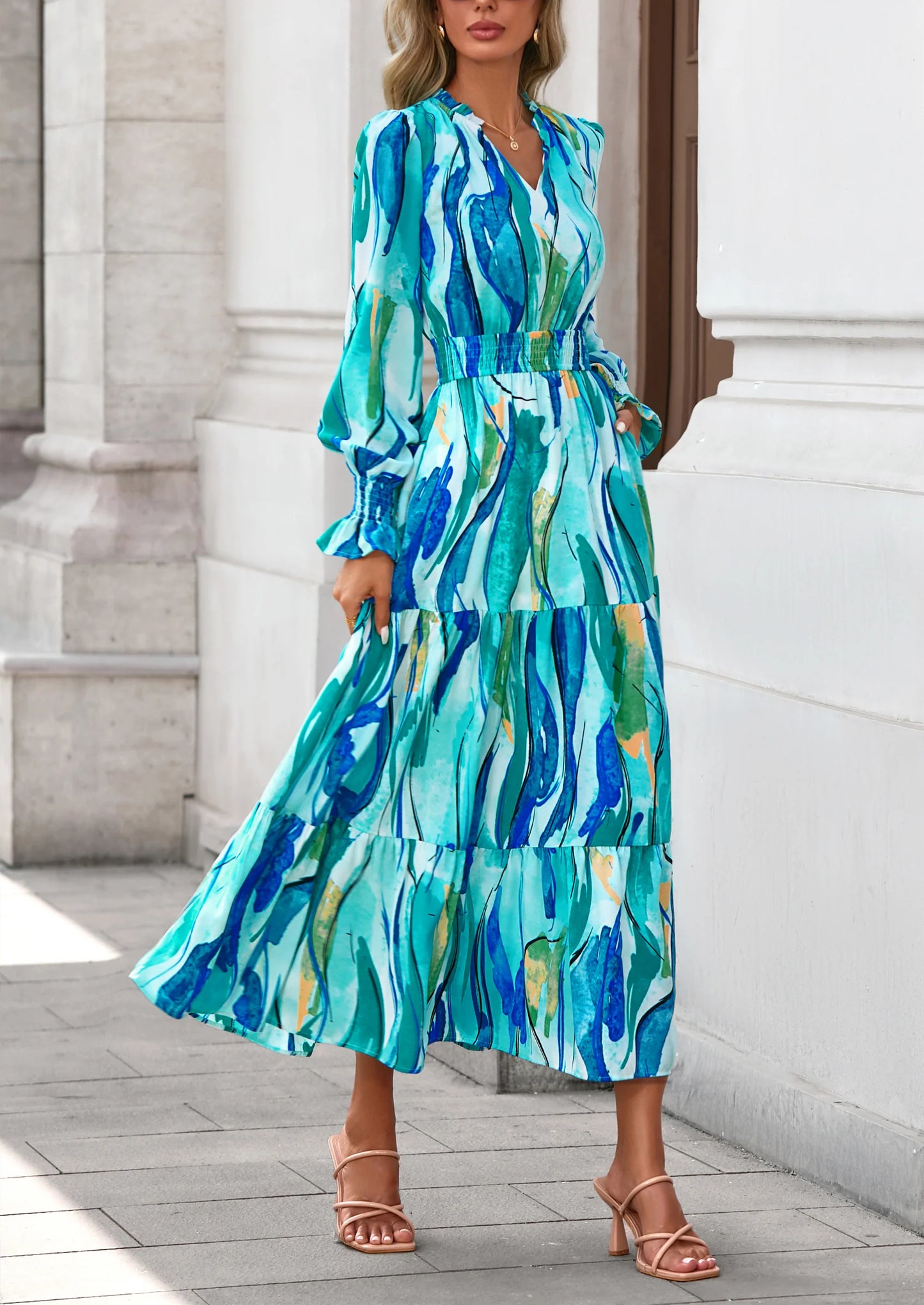 Women's Floral Maxi Dress Spring Long Sleeve V Neck Casual A Line Long Flowy Boho Party Dresses