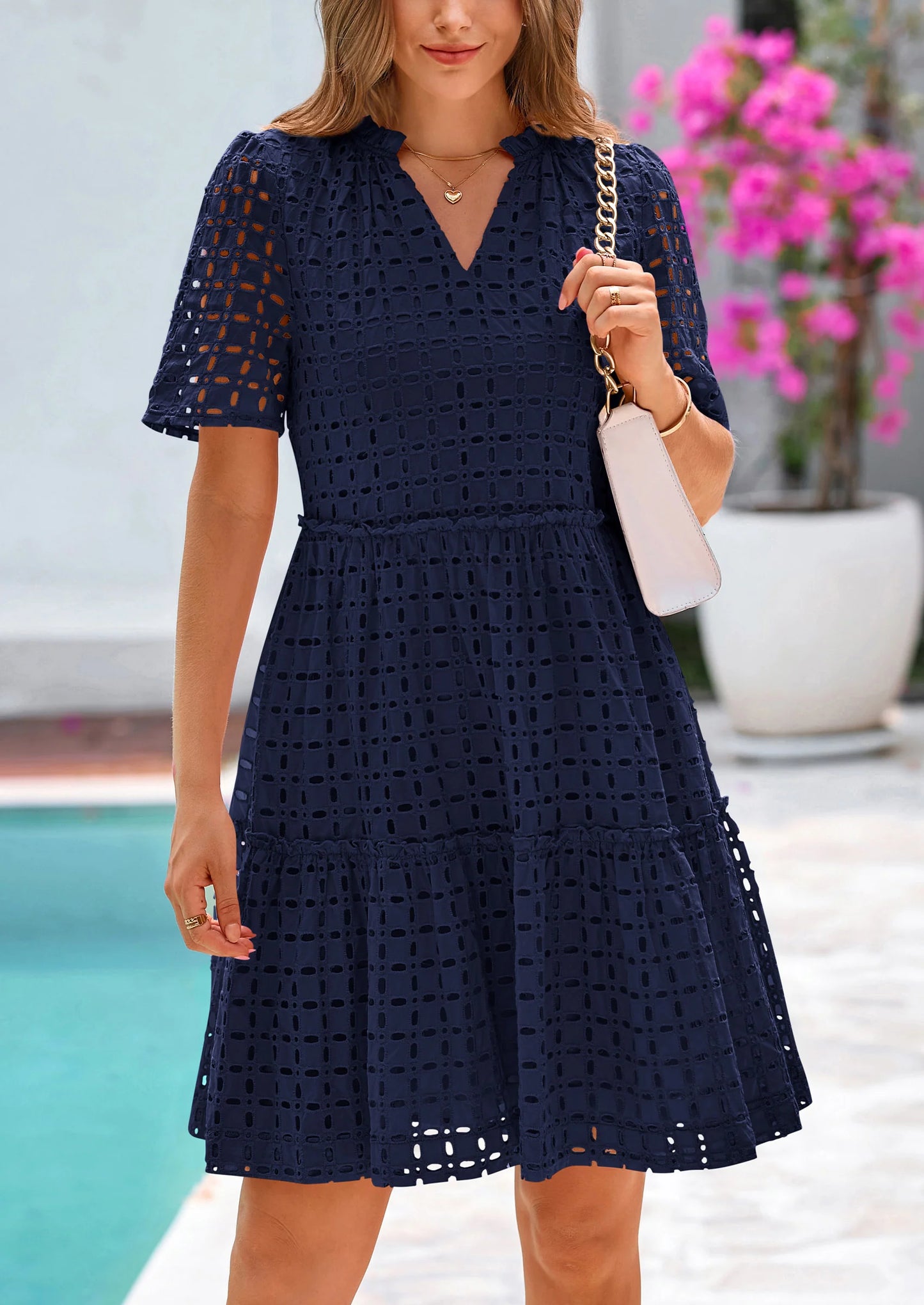 Women's Short Sleeve Mini Dress Summer V Neck Hollow Out Eyelet Ruffle A Line Swing Short Dresses