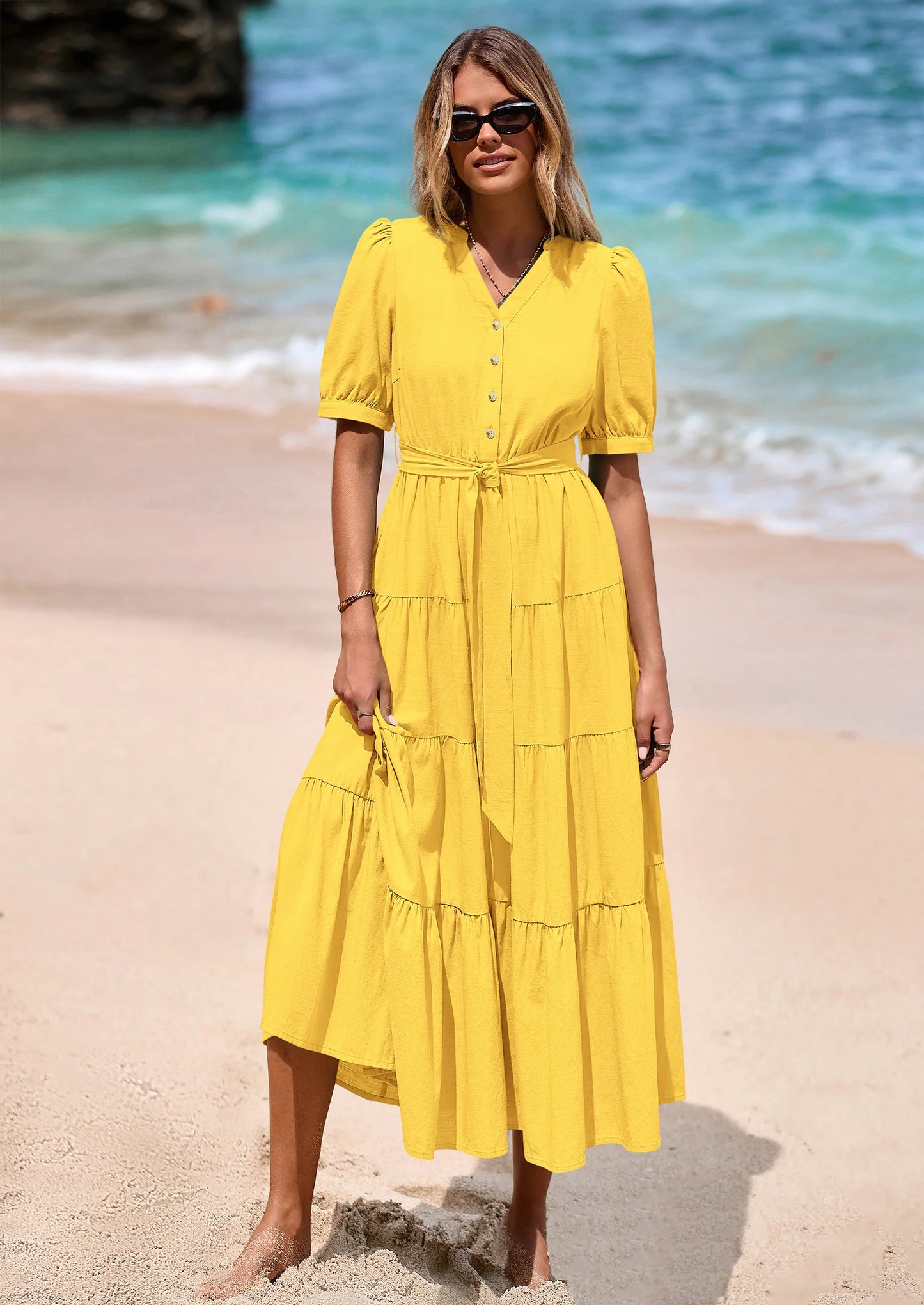 Women's Midi Dress Casual Short Sleeve V Neck Buttons Belted Ruffle A Line Flowy Dress with Pockets
