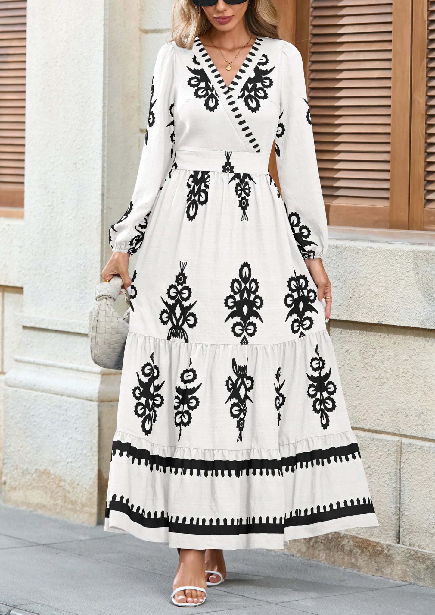 Women's Fall Wedding Guest Dresses Boho Floral Long Sleeve V Neck Flowy Elegant Maxi Dress Beach Clothes