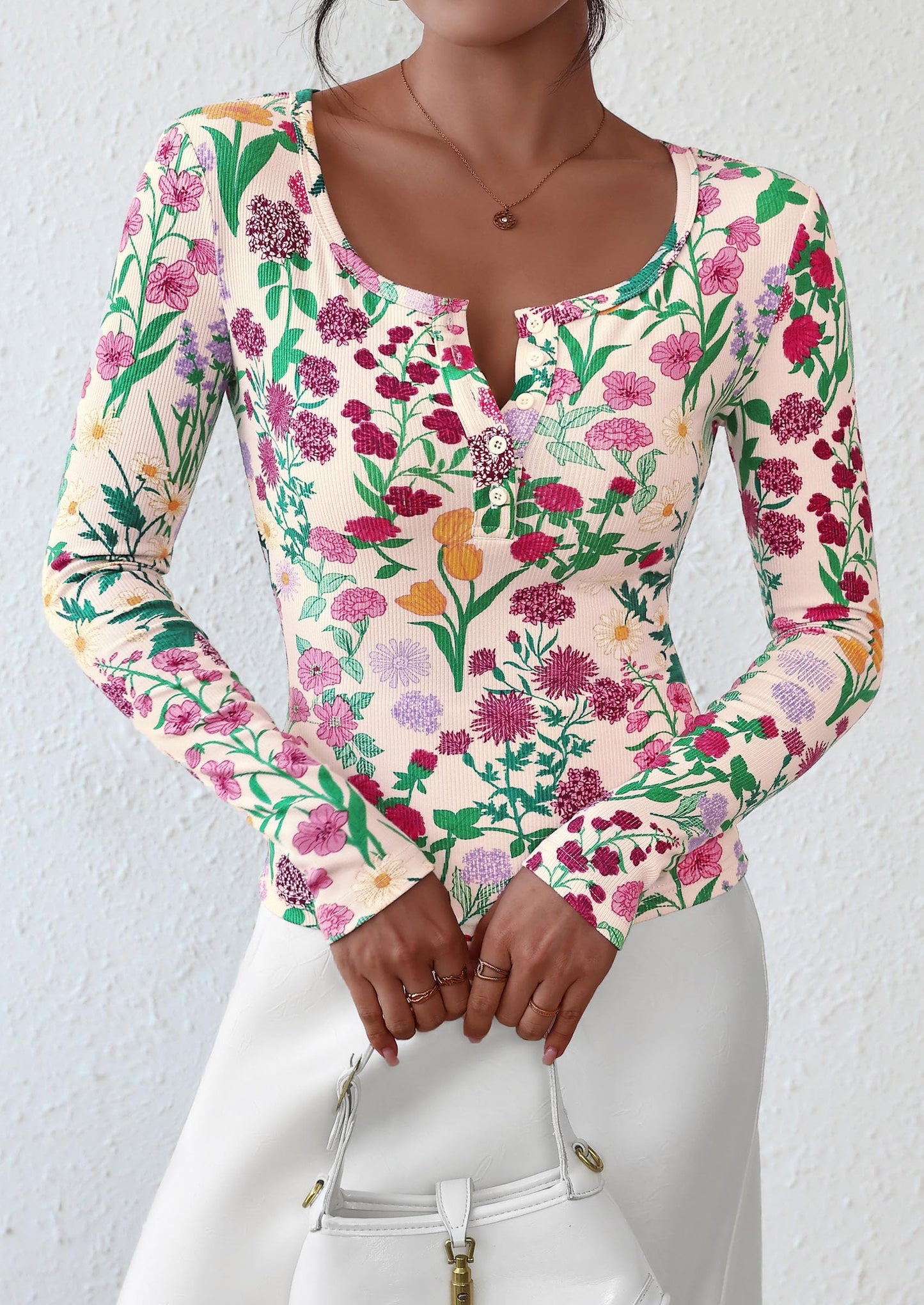 Women's Fall Long Sleeve Henley T Shirts Button Ribbed Knit Slim Fit Basic Tops Blouse Casual Outfits