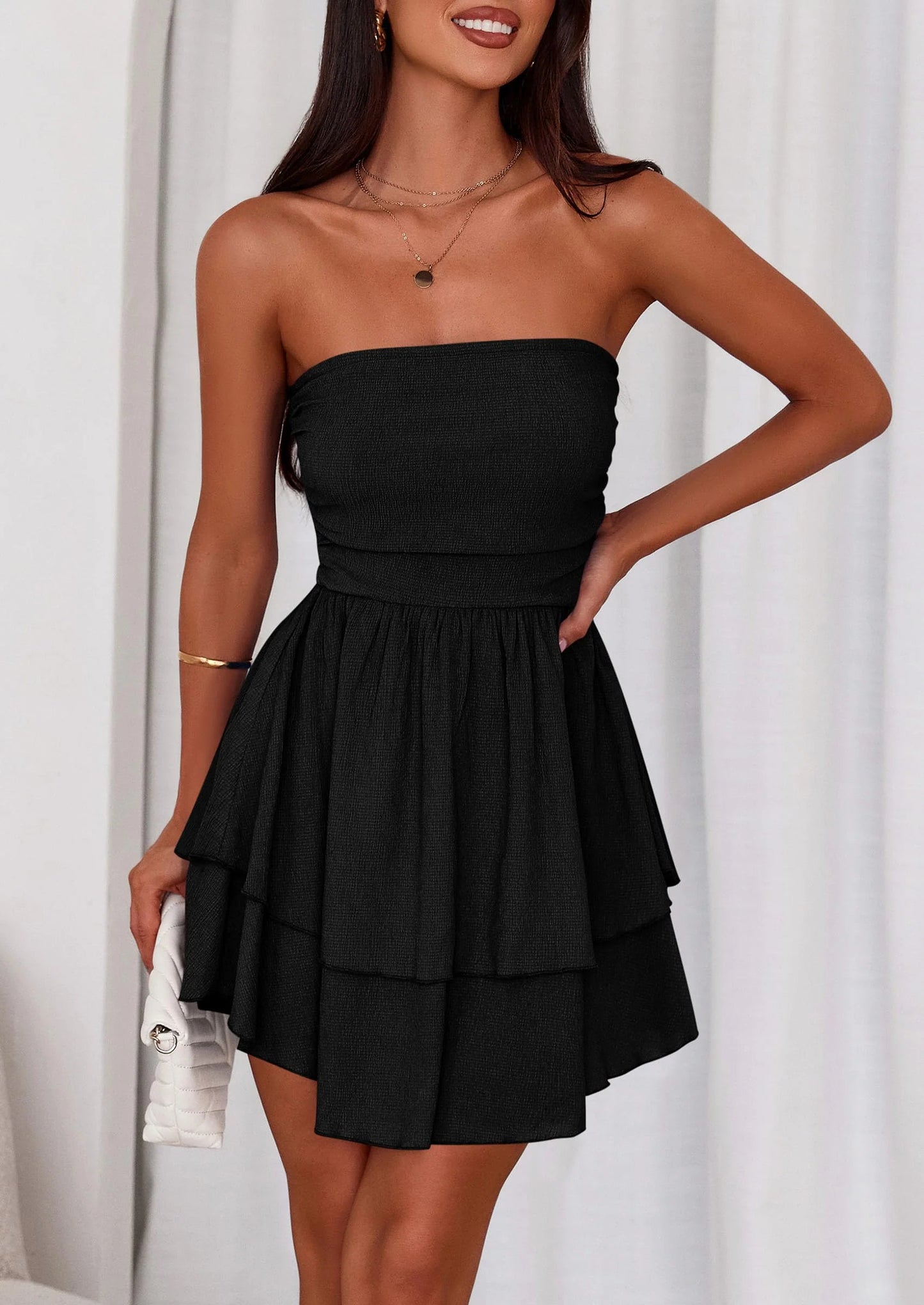 Women's Summer Strapless Tube Mini Dress Off Shoulder Smocked Ruffle A Line Flowy Short Party Club Dresses