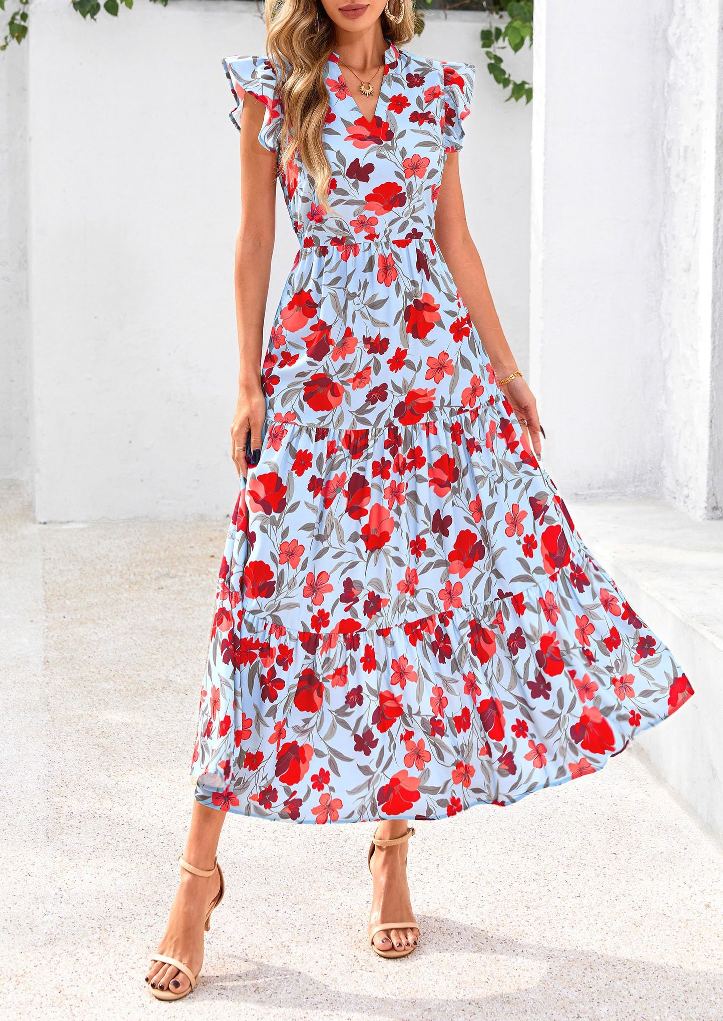Women's Summer Floral Midi Dress Cap Sleeve V Neck Ruffle Long Flowy Boho Casual Beach Vacation Dresses